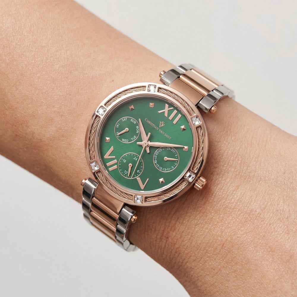 Reloj de cuarzo para mujer con pulsera Christian Van Sant: caja de acero inoxidable, pulsera de acero inoxidable, esfera verde.