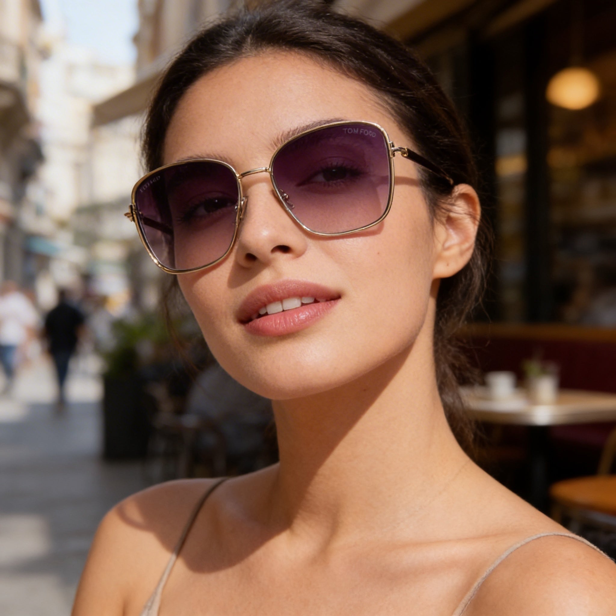Gafas de sol Tom Ford Fern de mujer, metal cuadradas, oro rosa, montura habana rosa, lentes rosas degradadas con protección UV, 57 mm, Photo 5