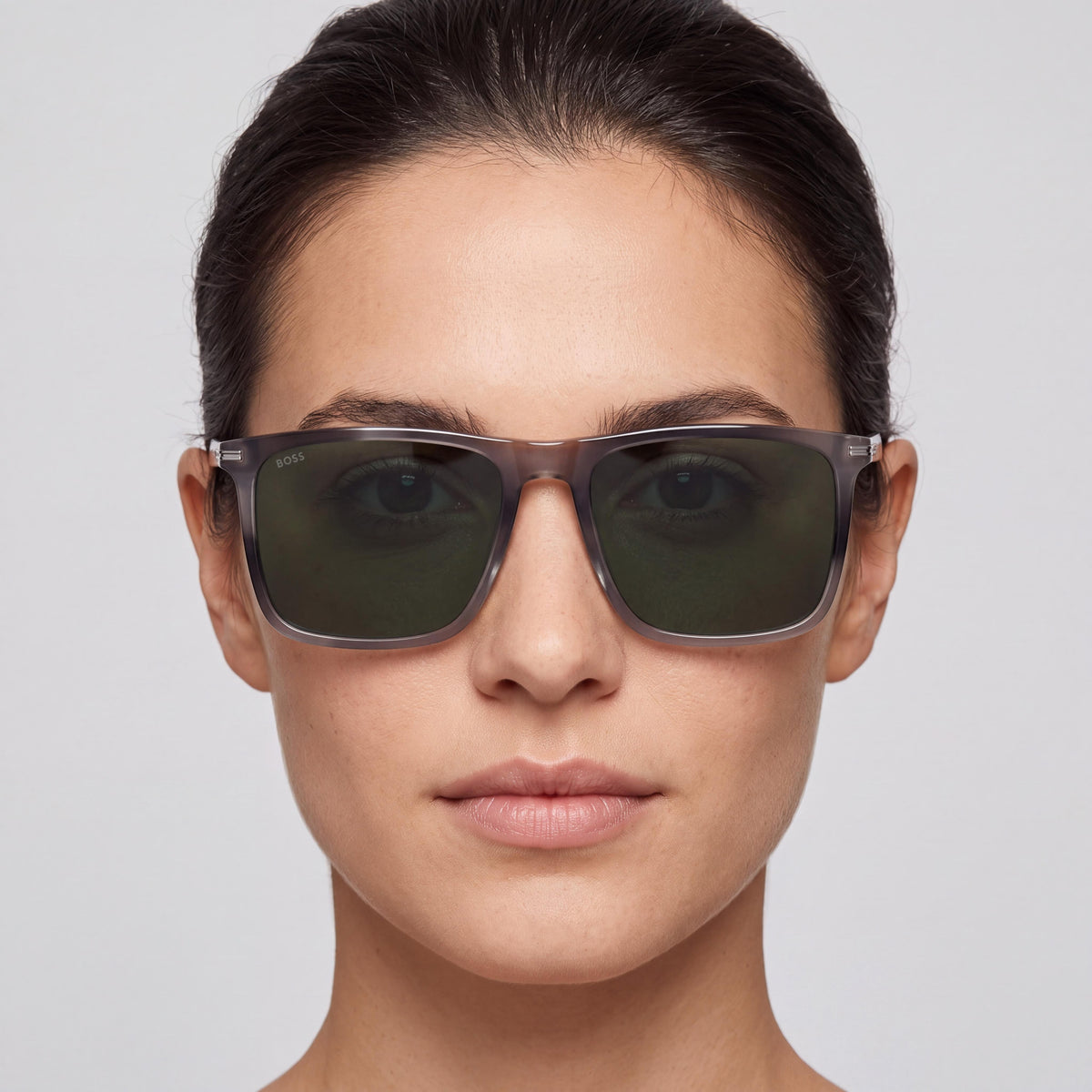 HUGO BOSS BLACK Boss 1750/G/S Square Flat Top Women's Acetate Lightweight Sunglasses Grey Horn Green Mirror 100% UV Protection 56mm, Photo 4