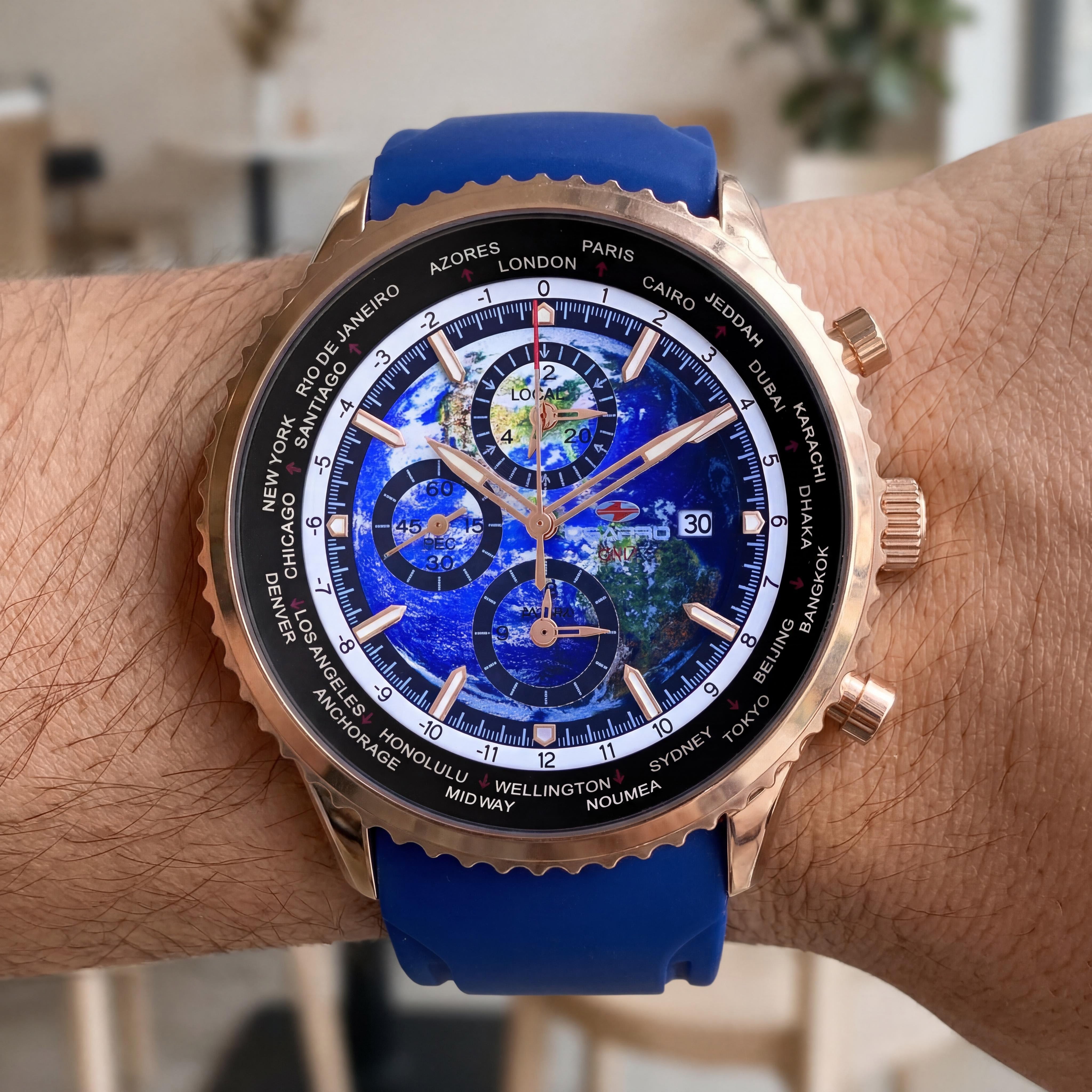 Seapro SP7522 Quartz Movement Men's Blue Dial Stainless Steel Case Rubber Strap World Timer GMT Alarm Watch, Photo 4