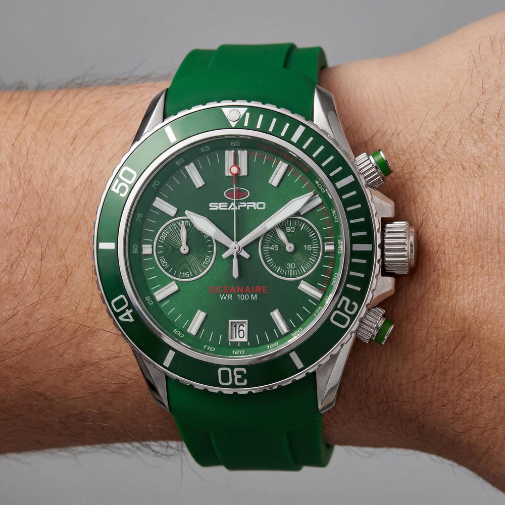 Reloj Seapro Modern para hombre, esfera verde, caja de acero inoxidable, correa de silicona, resistente al agua, movimiento de cuarzo, cristal mineral