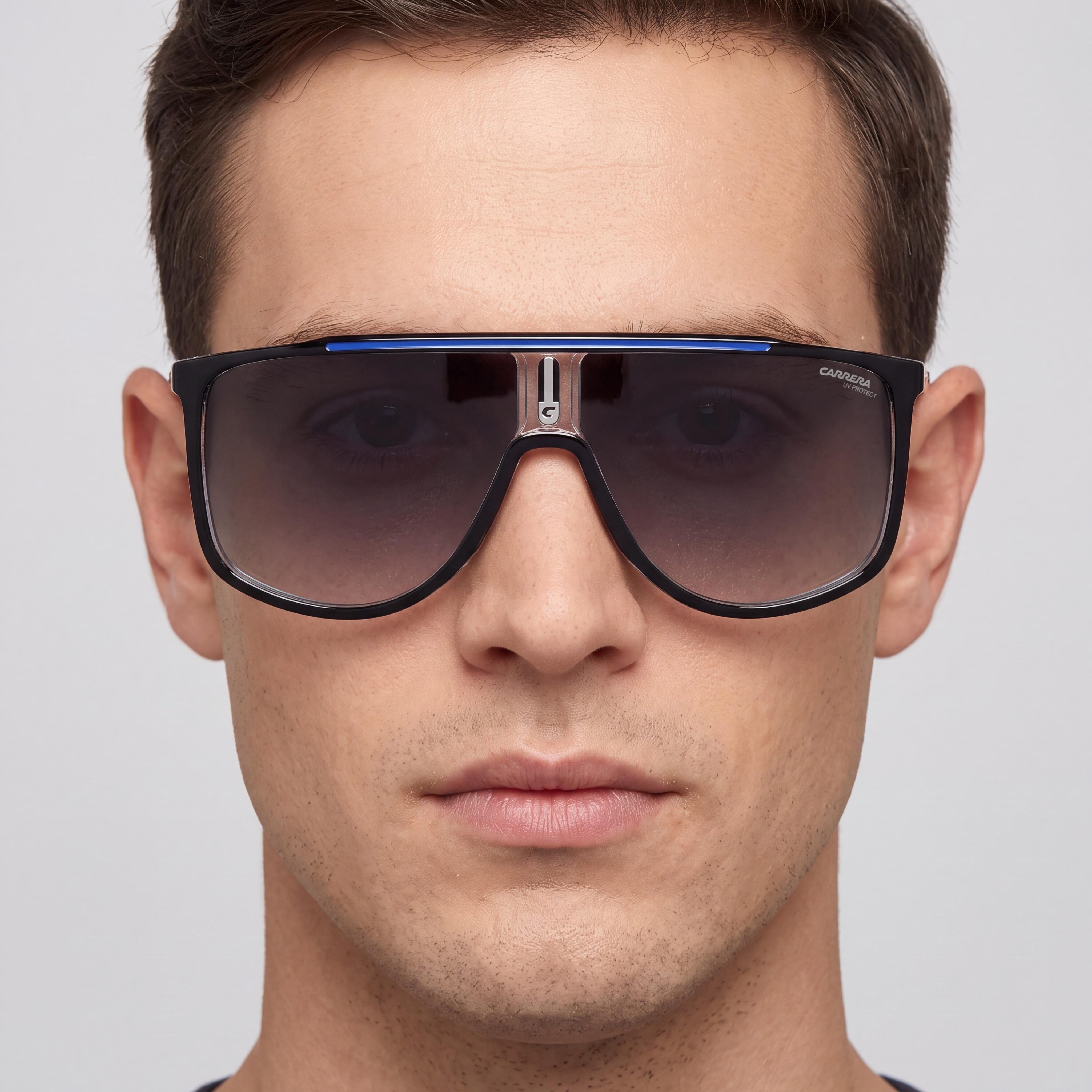 Gafas de Sol de Hombre Carrera Casual, Montura de Poliamida Negra Azul, Lentes Sombreadas Azul Oscuro, Protección 100% UV, 61mm, Photo 3