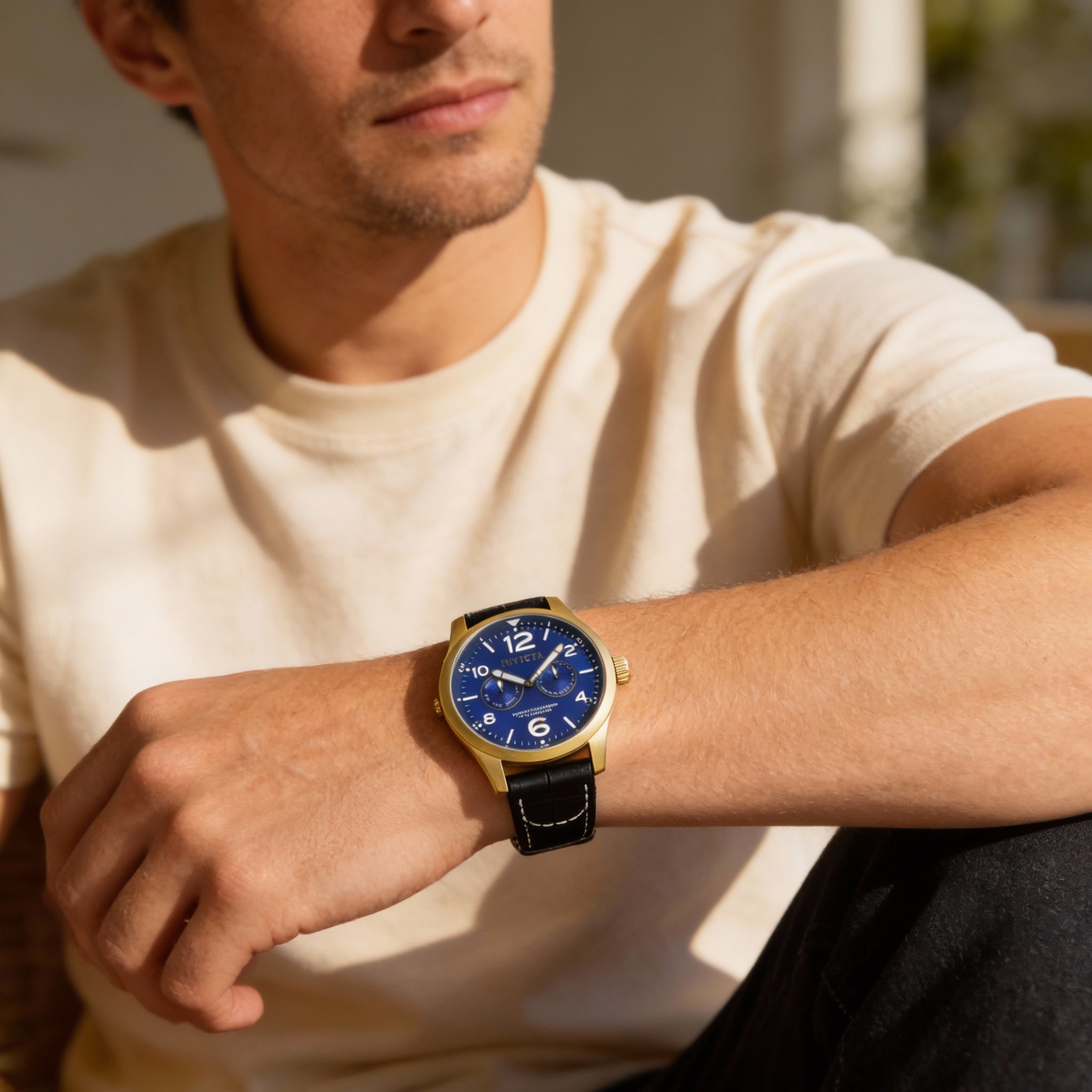 Reloj Invicta Specialty 12173 para hombre, de cuarzo, 48 mm, acero inoxidable dorado, esfera azul, correa de piel negra, resistente al agua hasta 100 m., Photo 4