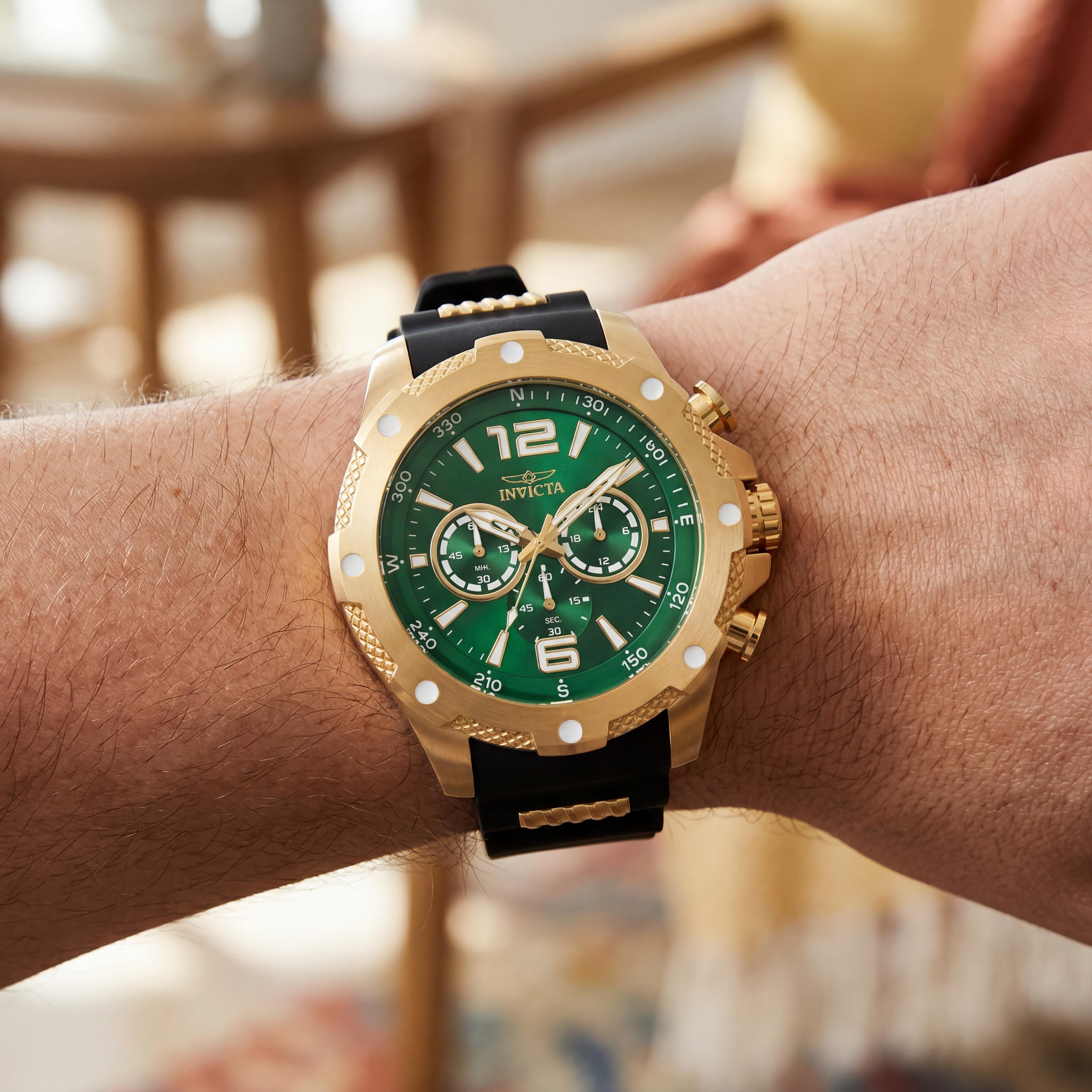 Invicta Casual Men's Multi-Function Green Dial Gold-Plated Stainless Steel Black Polyurethane Watch 50mm, Photo 4