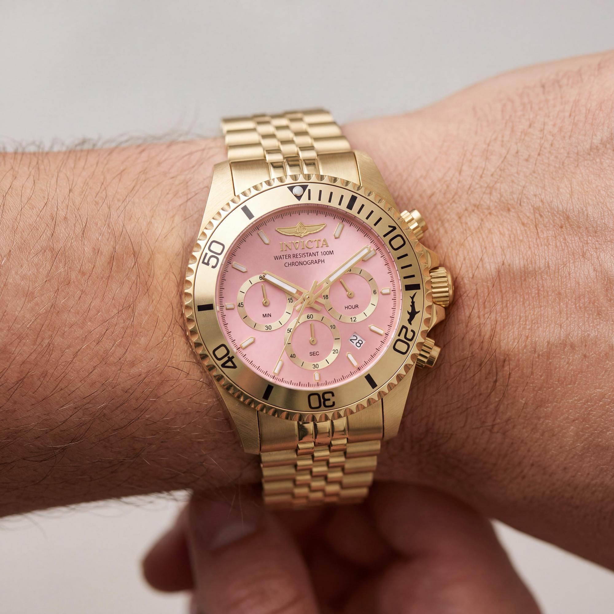 Reloj cronógrafo de cuarzo unisex Invicta Pro Diver 49836, caja dorada, esfera rosa y brazalete de acero inoxidable de 43 mm., Photo 3
