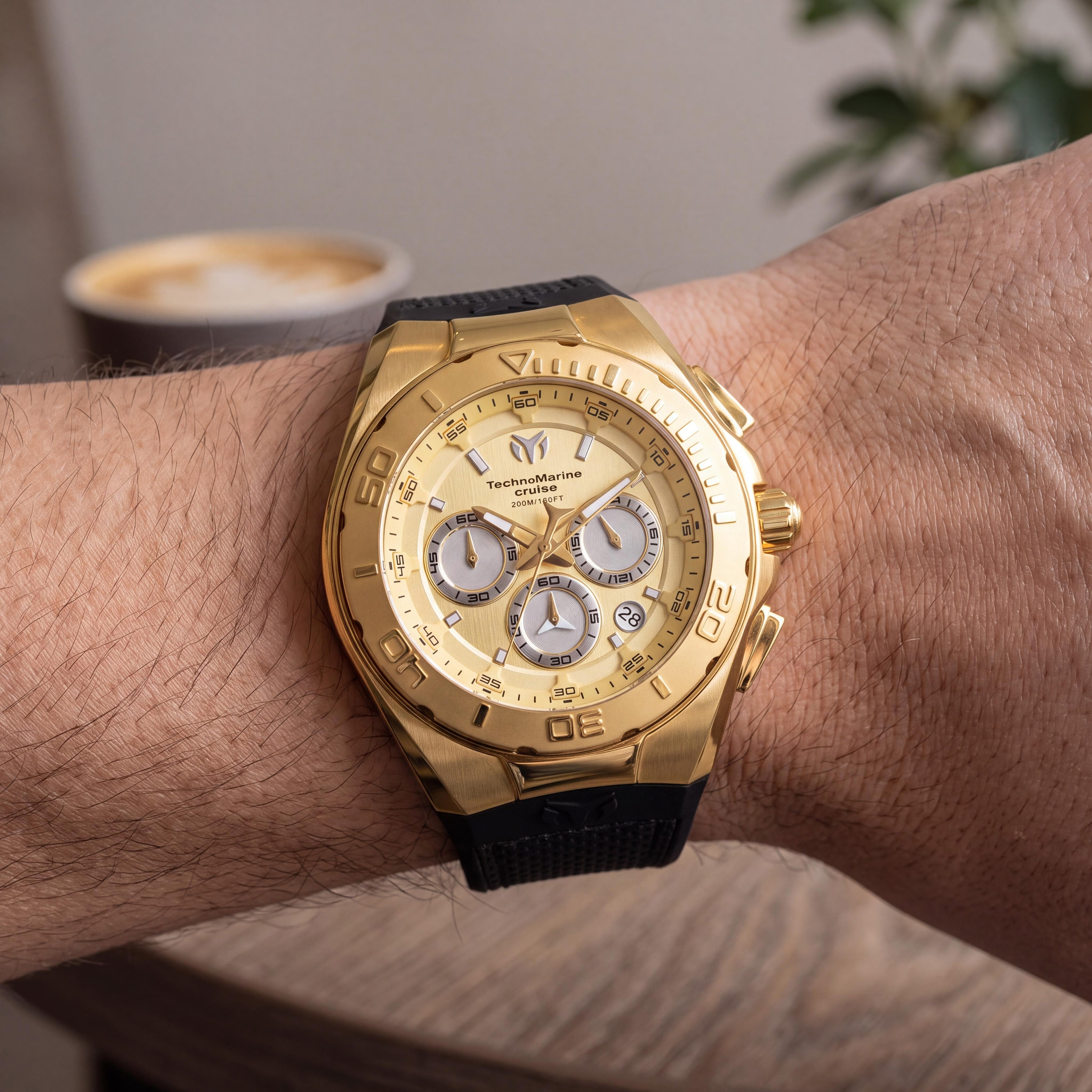 TechnoMarine TM-117004 Men's Modern Casual 45mm Stainless Steel Gold Dial Chronograph Watch with Black Silicone & Leather Band, Photo 4