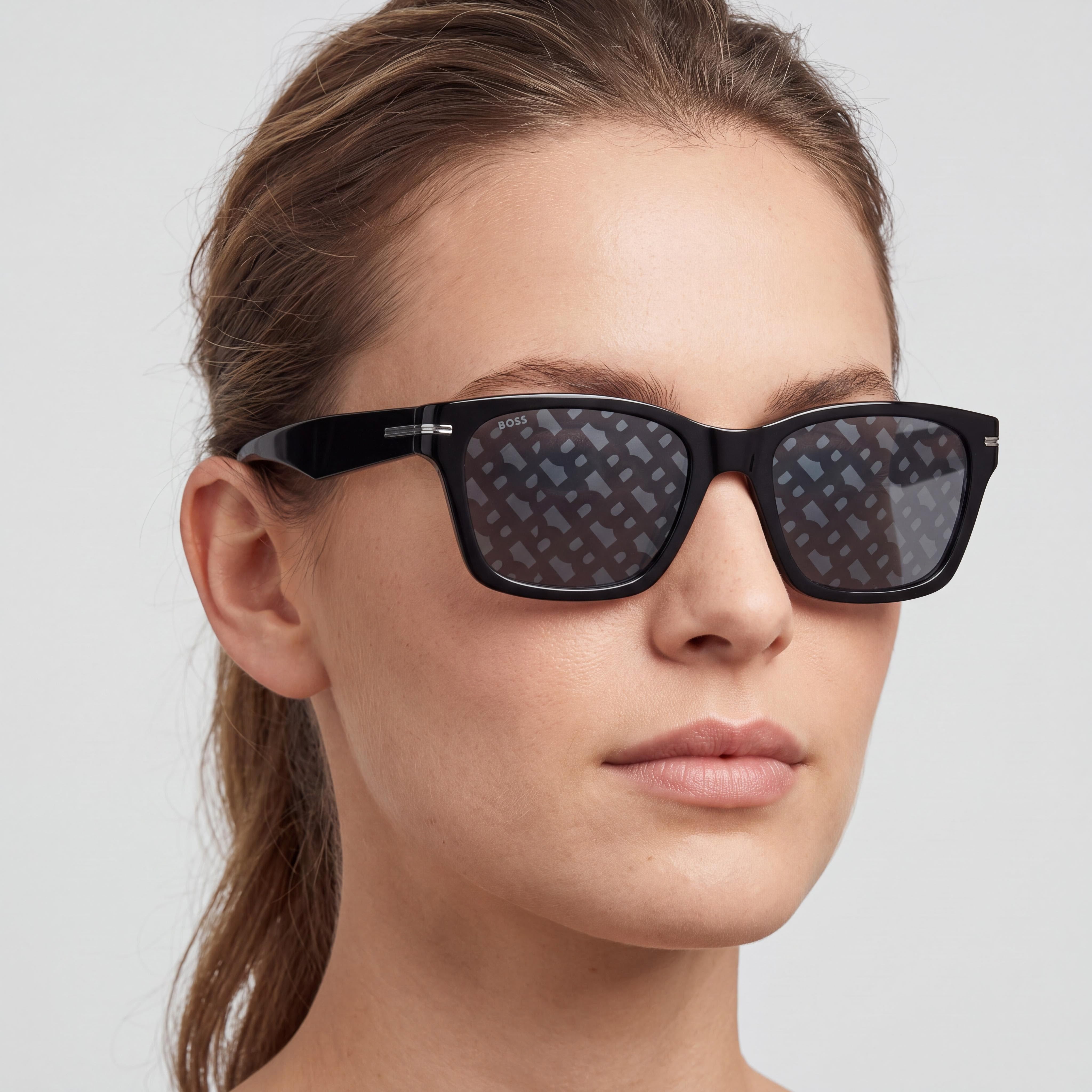 Hugo Boss Boss 1739/F/Sk Rectangular Women's Black Acetate Frame Grey Mirror Silver Polycarbonate Lens UV Protection Sunglasses 56mm, Photo 5