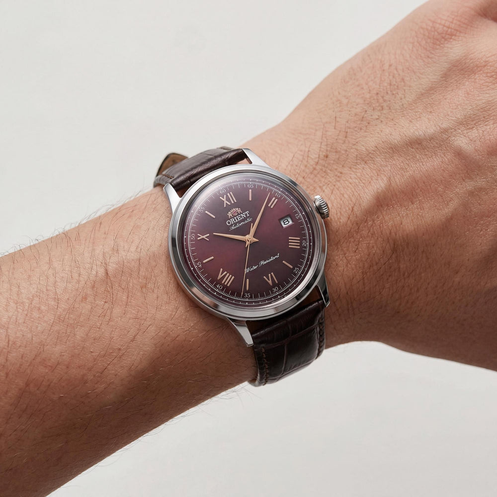 Orient Classic Bambino Automatic Mechanical Unisex Watch Silver Grey Steel Case Wine Red Dial 40.5mm