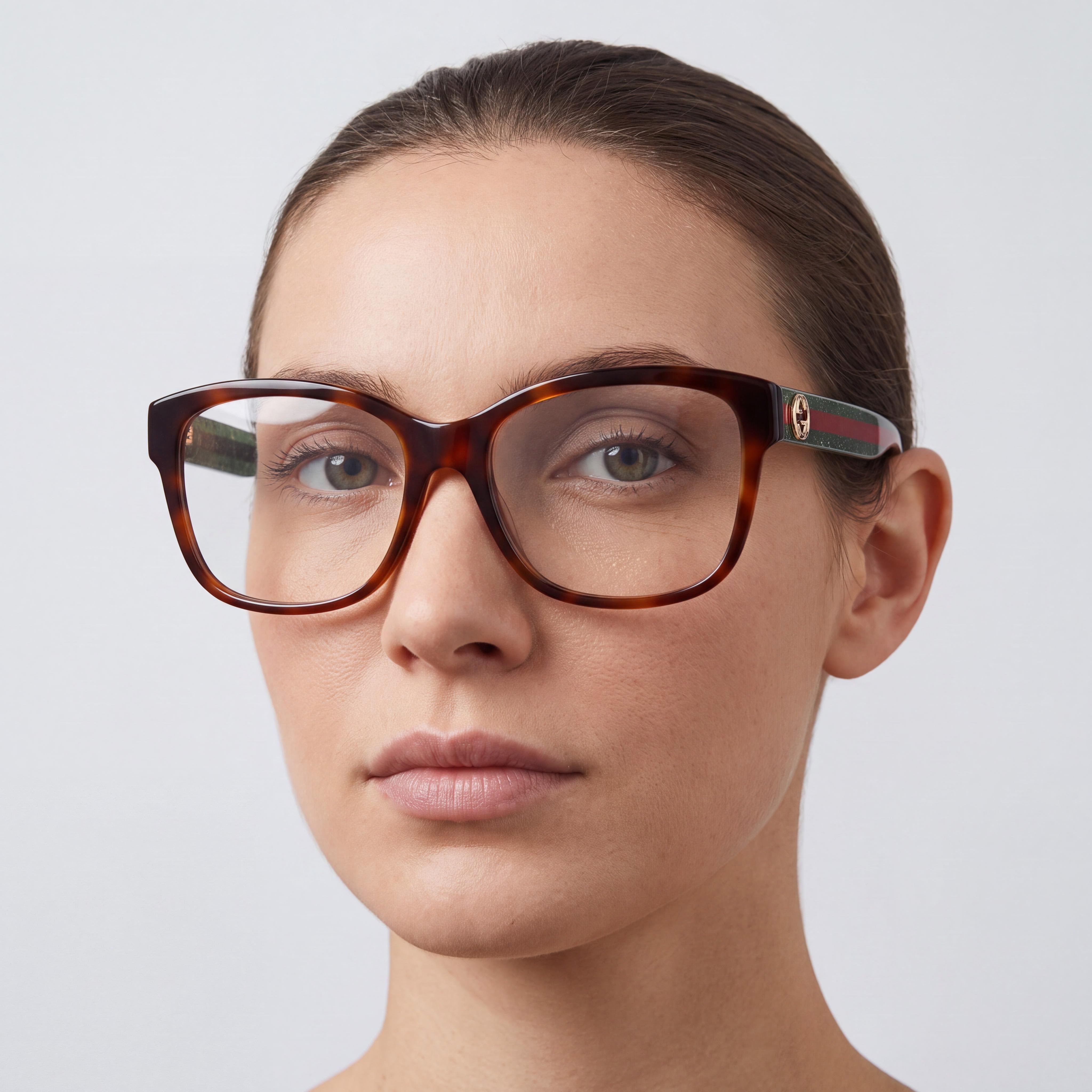 Gucci Gg0038o-002 Montura óptica cuadrada de aro completo de plástico para mujer, color havana verde transparente con lentes transparentes de policarbonato de 54 mm, Photo 4