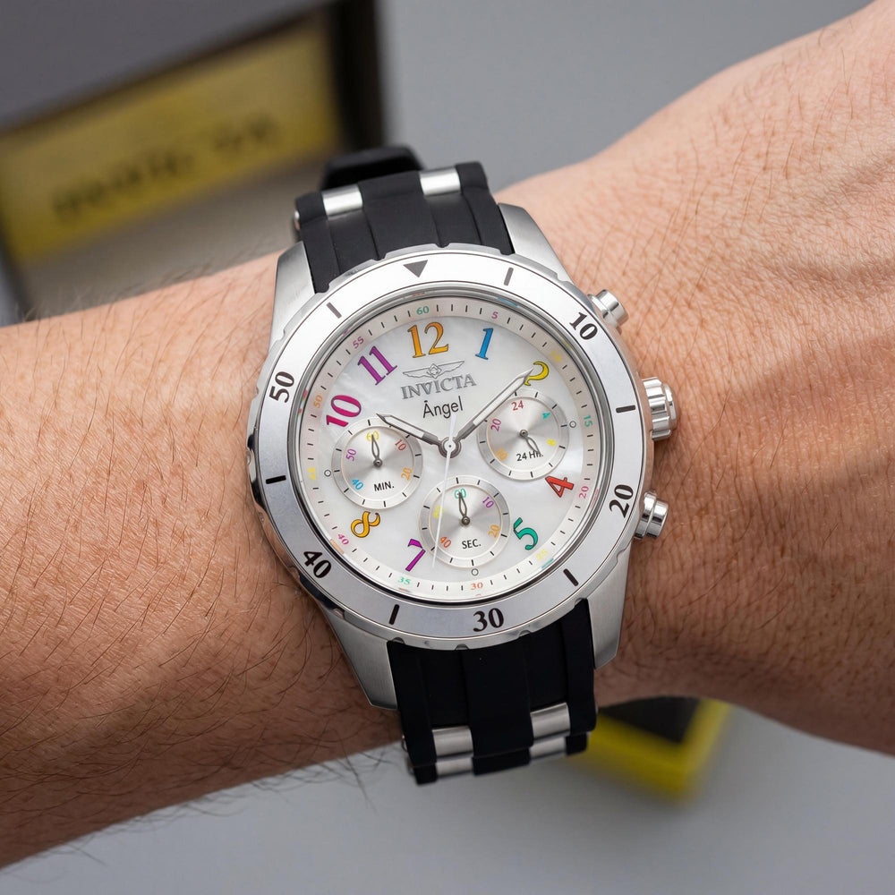 Invicta Angel 49802 Unisex Chronograph Watch with Silver Stainless Steel Case and Silicone Strap, 40mm