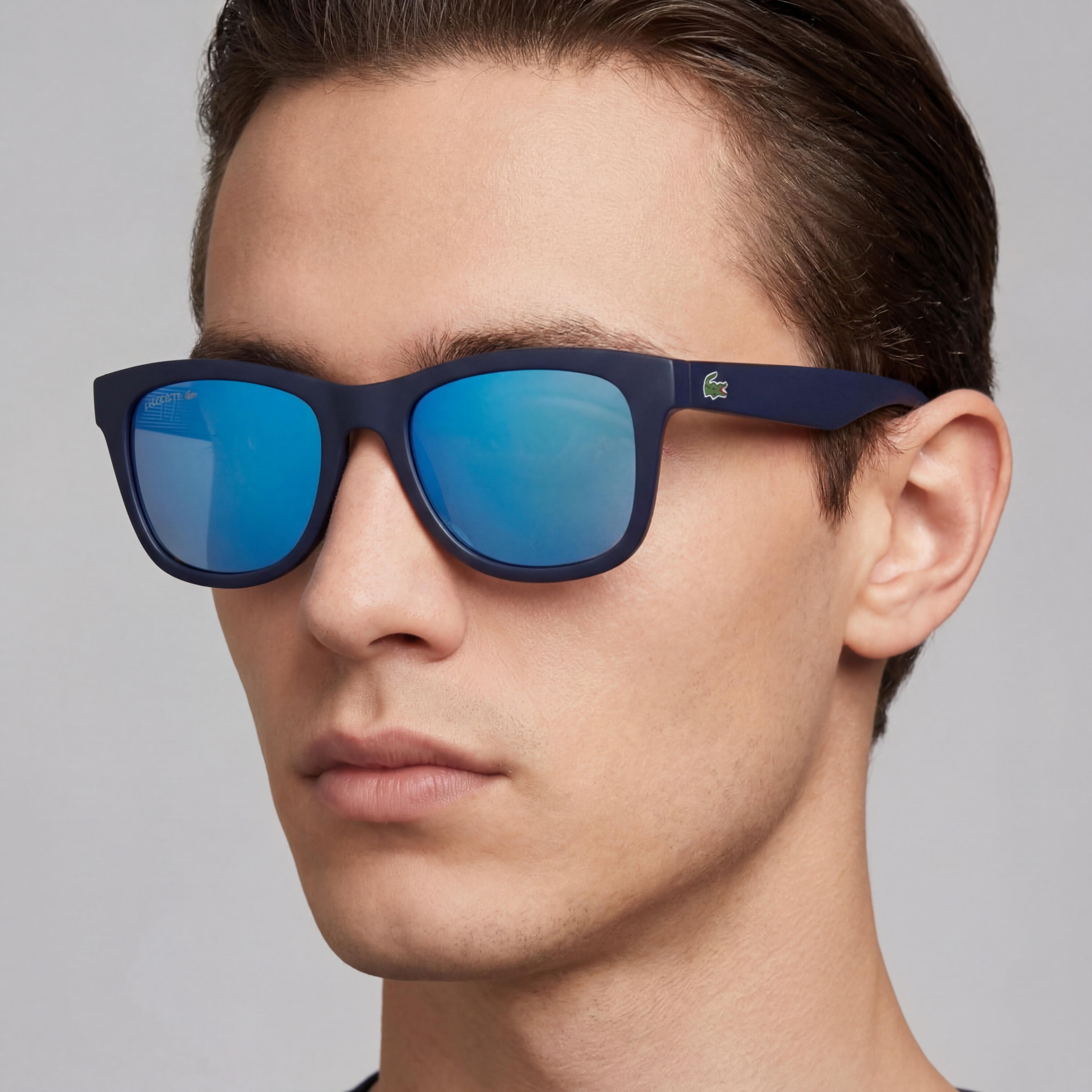 Lacoste Classic Unisex Matte Blue Plastic Frame Sunglasses with Mirrored Lenses and UV Protection, Lens Width 53mm, Photo 4