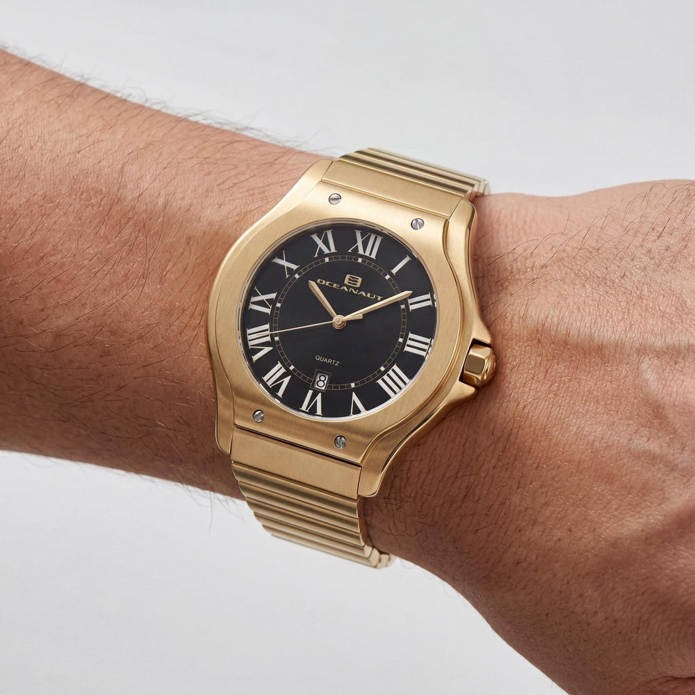 Reloj Oceanaut de cuarzo para hombre, esfera negra, acero inoxidable, resistente al agua y cristal mineral resistente a arañazos.