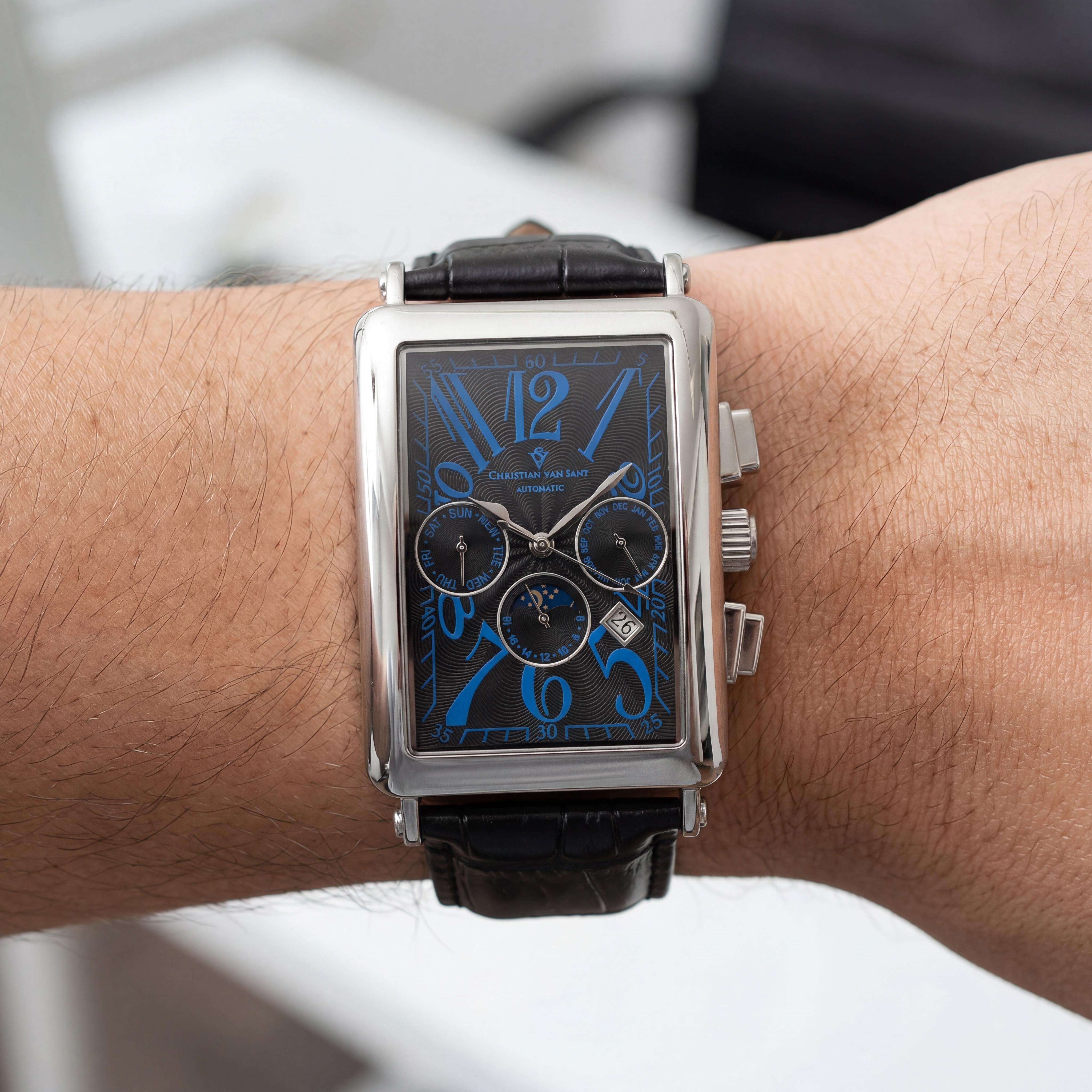 Reloj de cuero Christian Van Sant Prodigy automático multifunción con fases lunares de acero inoxidable negro para hombre, Photo 4