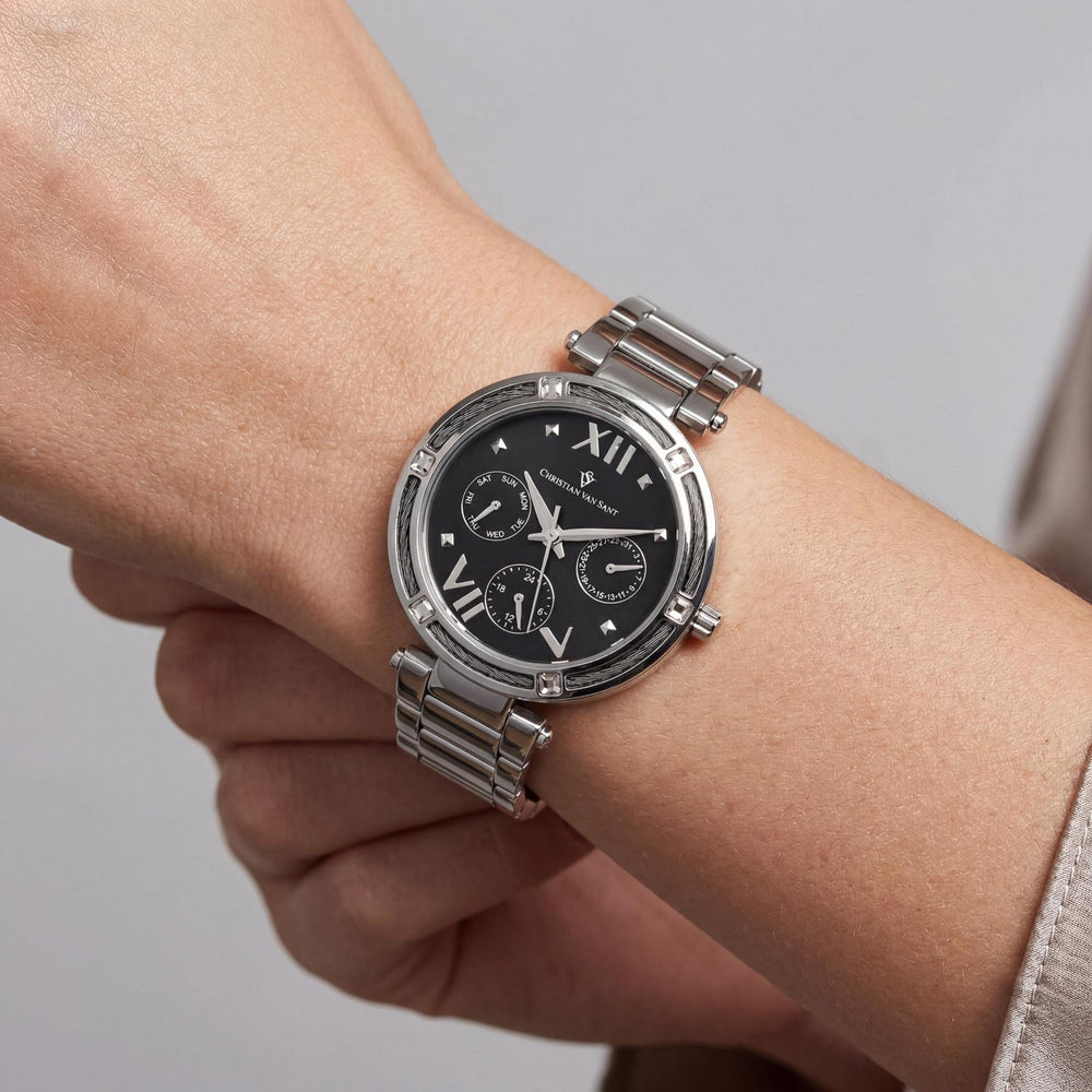 Reloj cronógrafo de pulsera Christian Van Sant para mujer con esfera negra y caja y pulsera de acero inoxidable