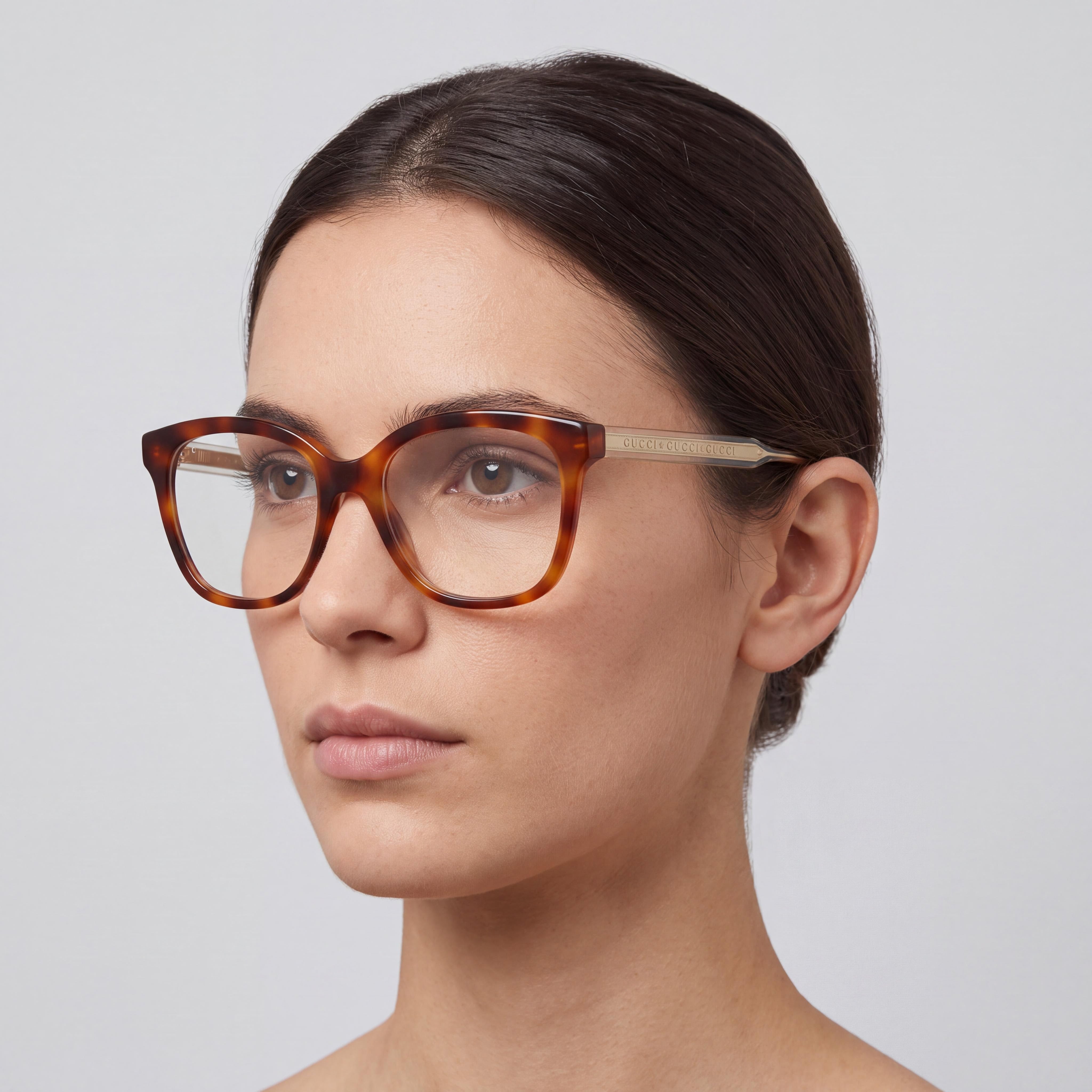 Gafas graduadas cuadradas/rectangulares de acetato Gucci GG0566O para mujer, Havana Crystal Transparent 52-18-140, Photo 4