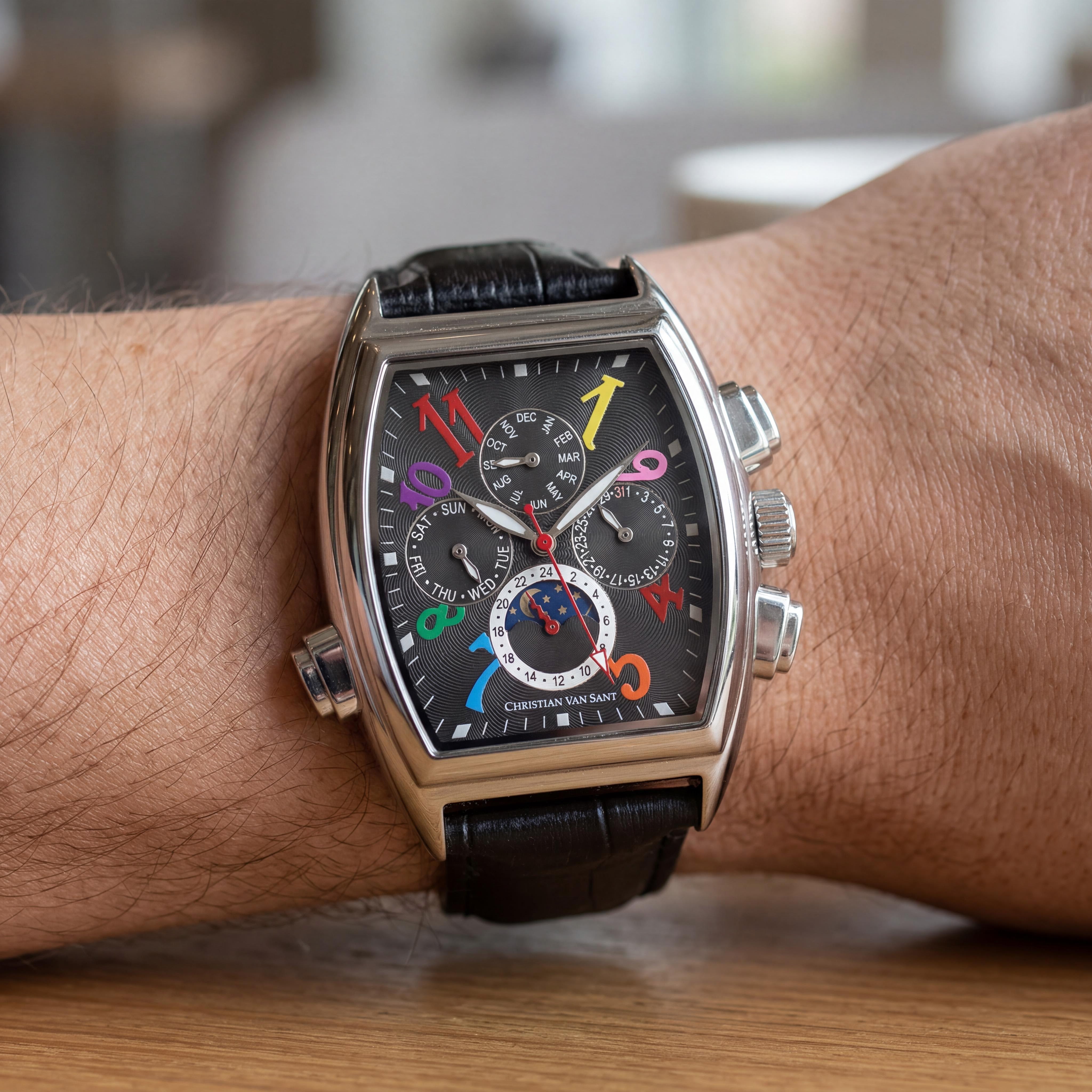 Reloj de piel de acero inoxidable negro con fase lunar automático Grandeur de Christian Van Sant para hombre, Photo 4