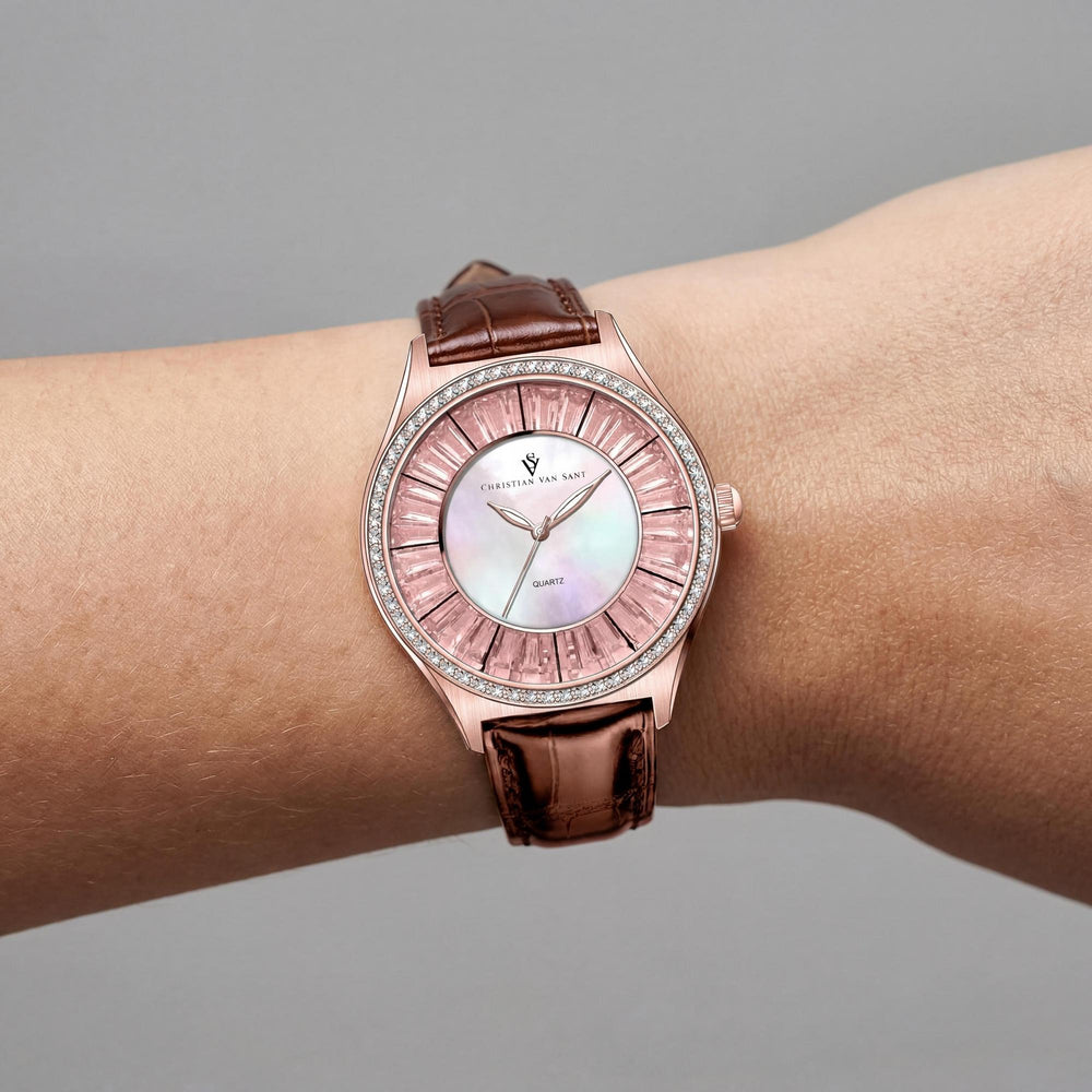 Reloj moderno Christian Van Sant para mujer, de acero inoxidable, con esfera de nácar y correa de piel, resistente al agua