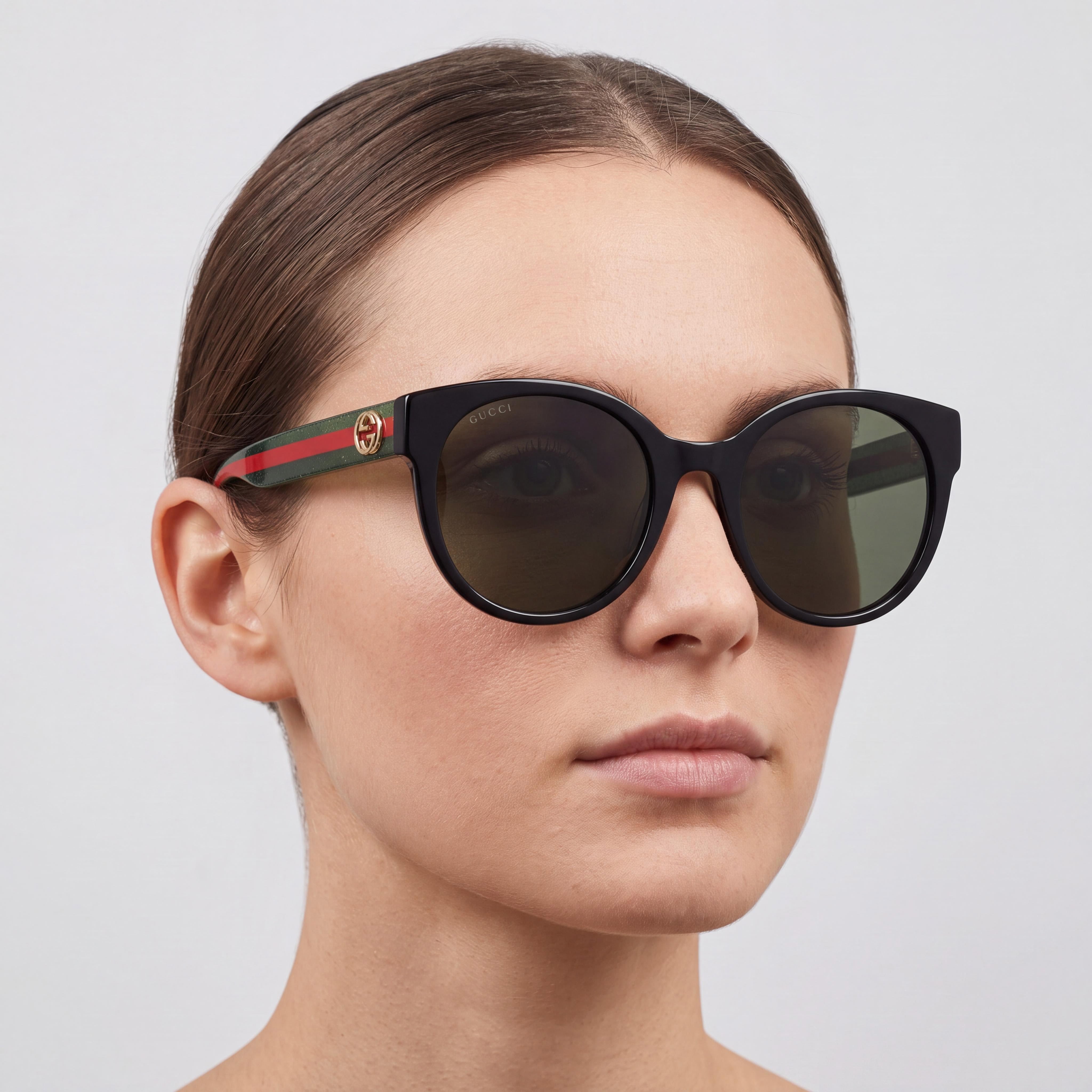 Gucci GG0035SN Women's Fashion Round Shiny Black Plastic Sunglasses with Black Green Gradient UV Protection 54mm, Photo 5