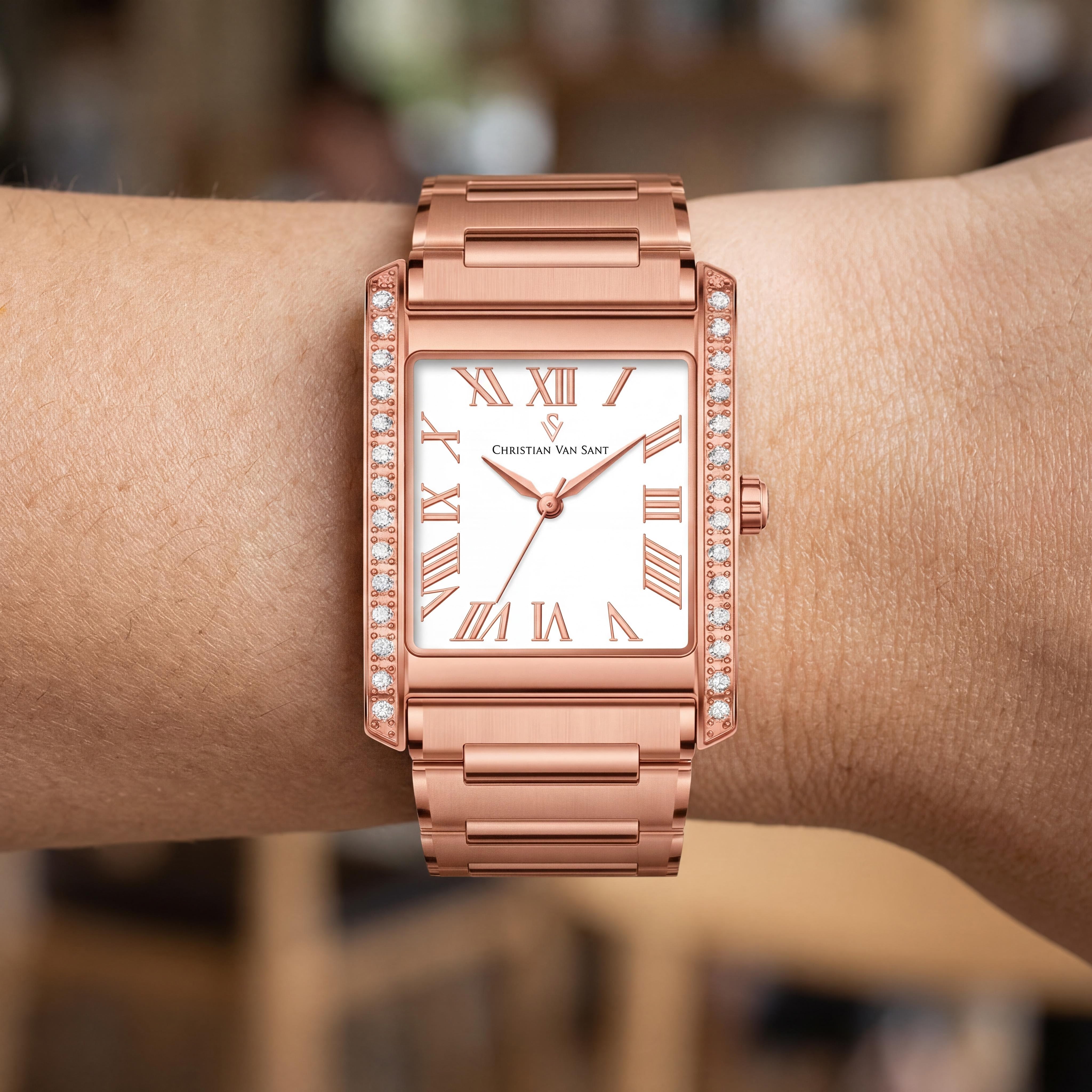 Christian Van Sant CV1287 Women's Rose Gold Tone Stainless Steel Square Quartz Watch, White Dial, 20mm, Photo 4