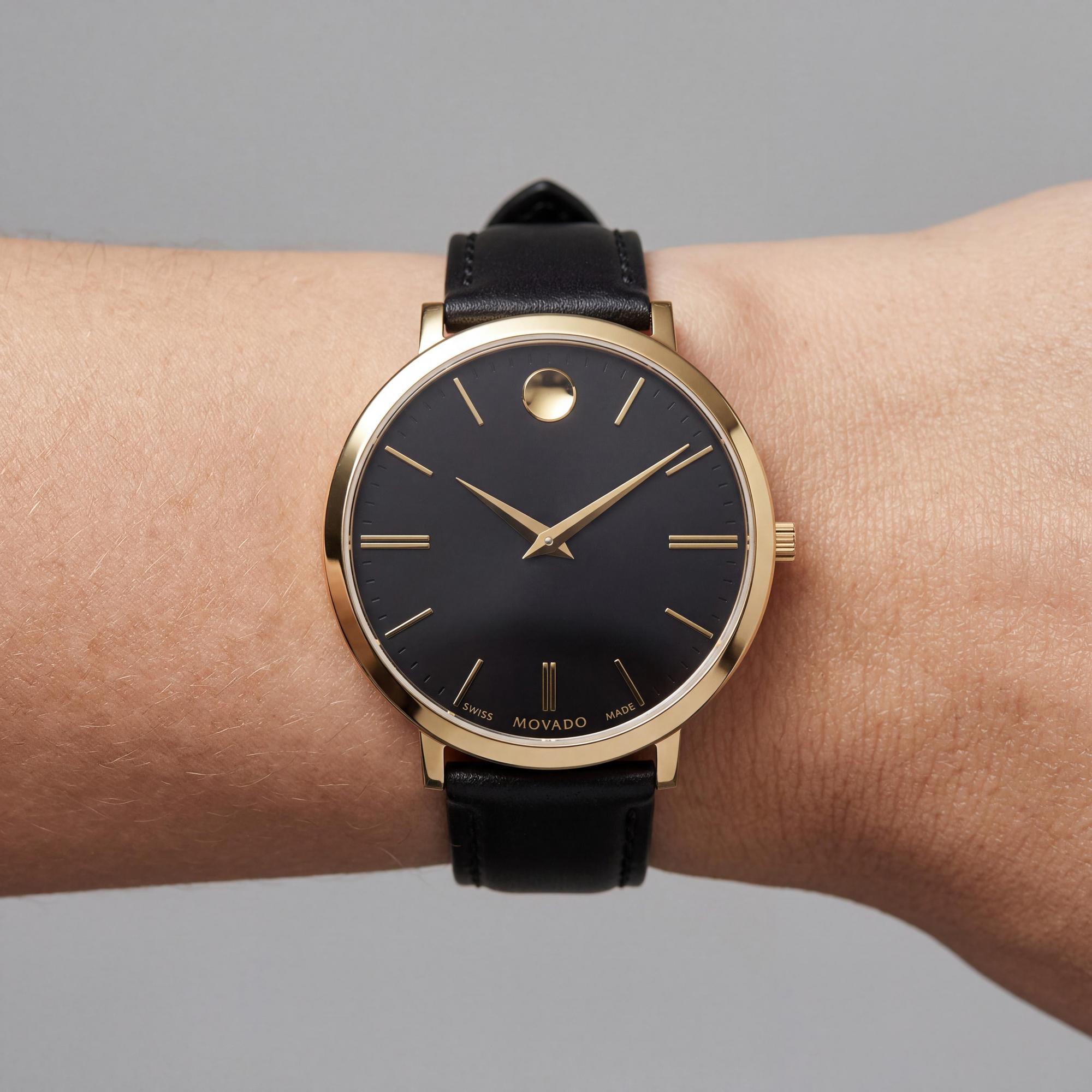 Reloj de cuarzo Movado para mujer con correa de cuero, caja de acero inoxidable y esfera negra, resistente a los arañazos, resistente al agua 3 ATM, Photo 4