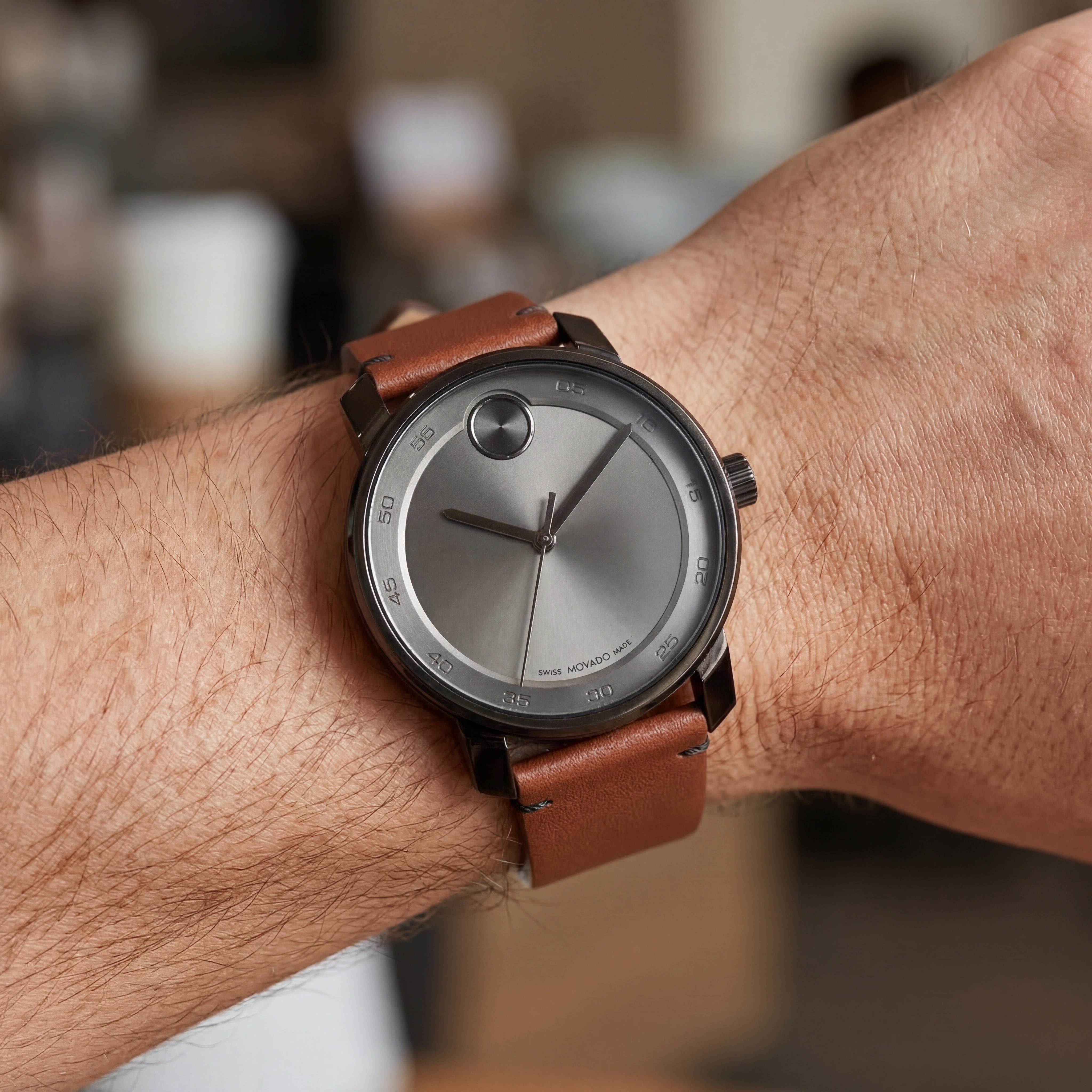 Movado 3600917 Access Minimalist Men's Black Ion-Plated Stainless Steel Brown Leather Strap Water Resistant Watch 41mm, Photo 4