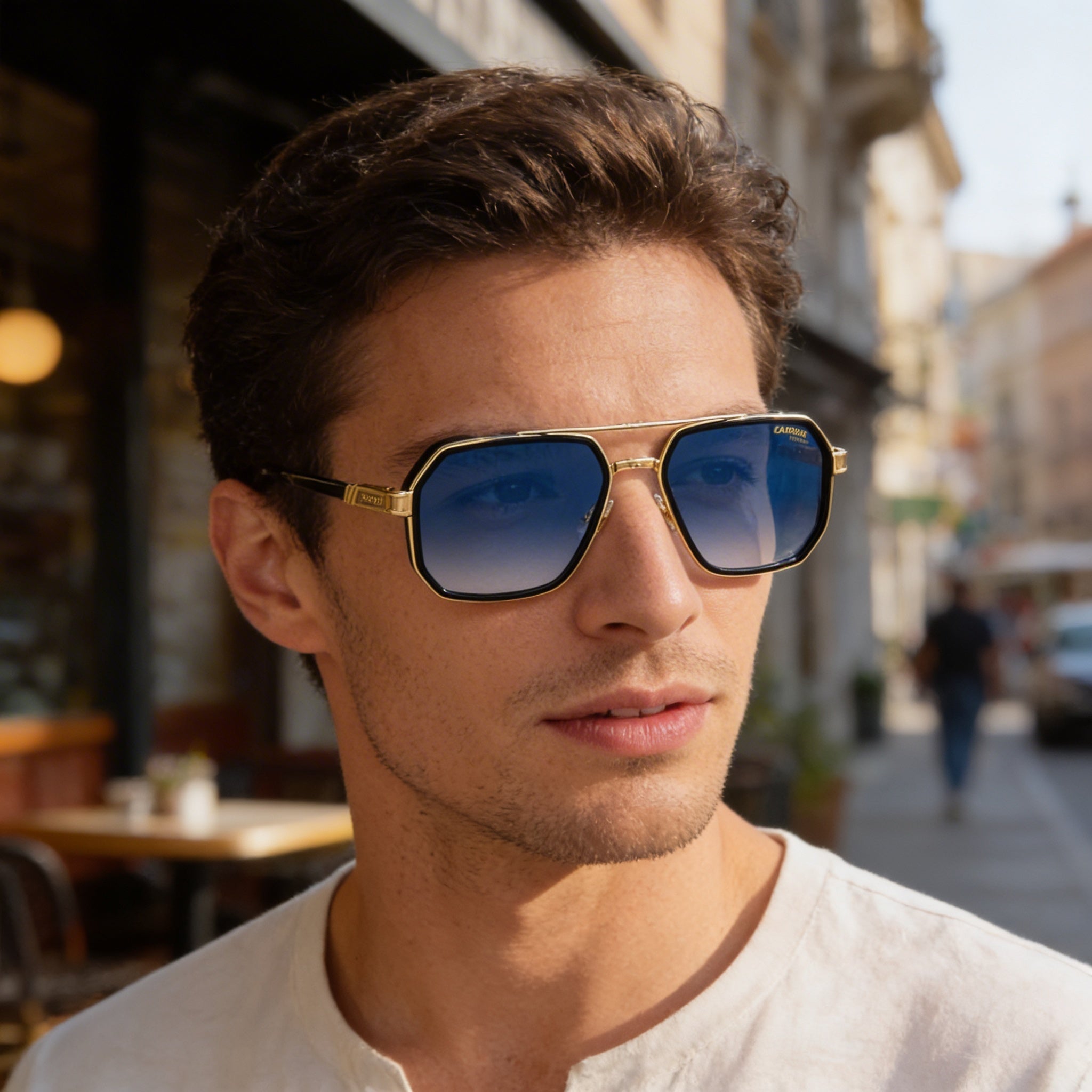Carrera Lässig. Men's Metal Sunglasses featuring Black Gold Frame with Dark Blue Shaded Lenses, 58mm, Photo 6
