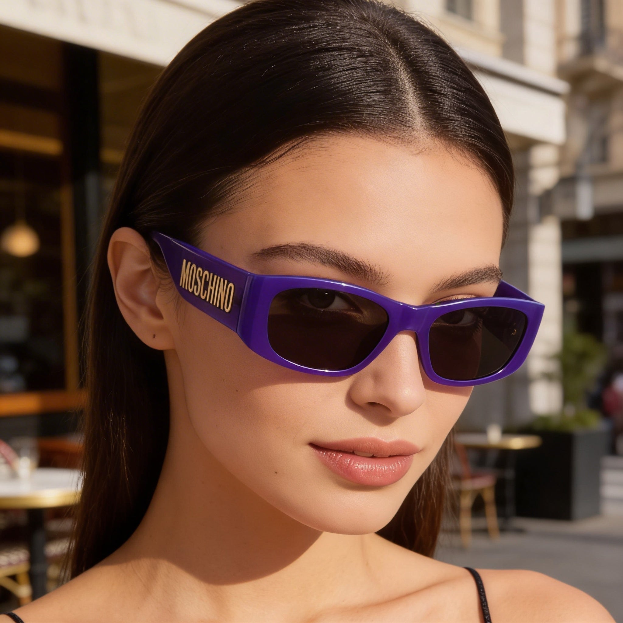 Gafas de sol informales Moschino para mujer, montura de propionato de celulosa violeta, lentes grises con protección UV, 55 mm, Photo 6