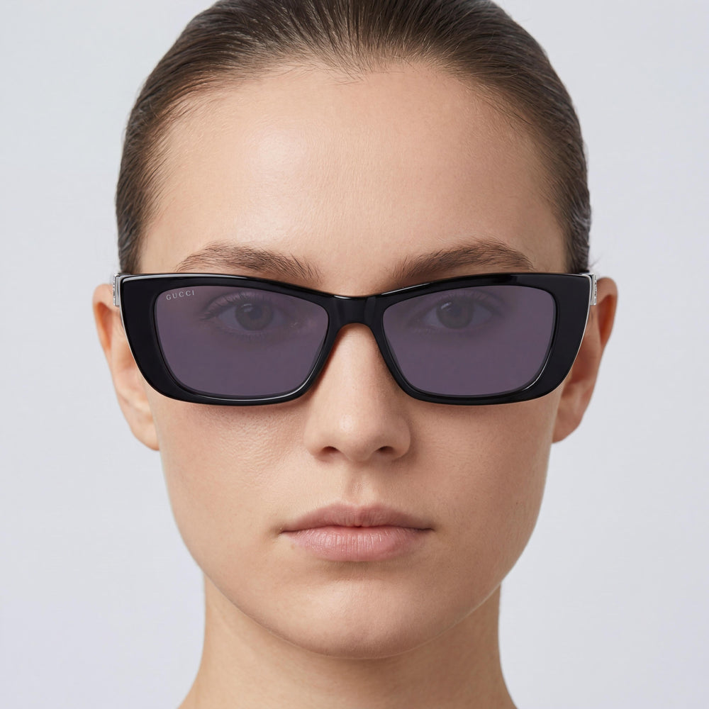 Gucci Modern Unisex Rectangular Cat-Eye Acetate Sunglasses, Black Grey Frame, UV Protection, Non-Polarized, 53mm
