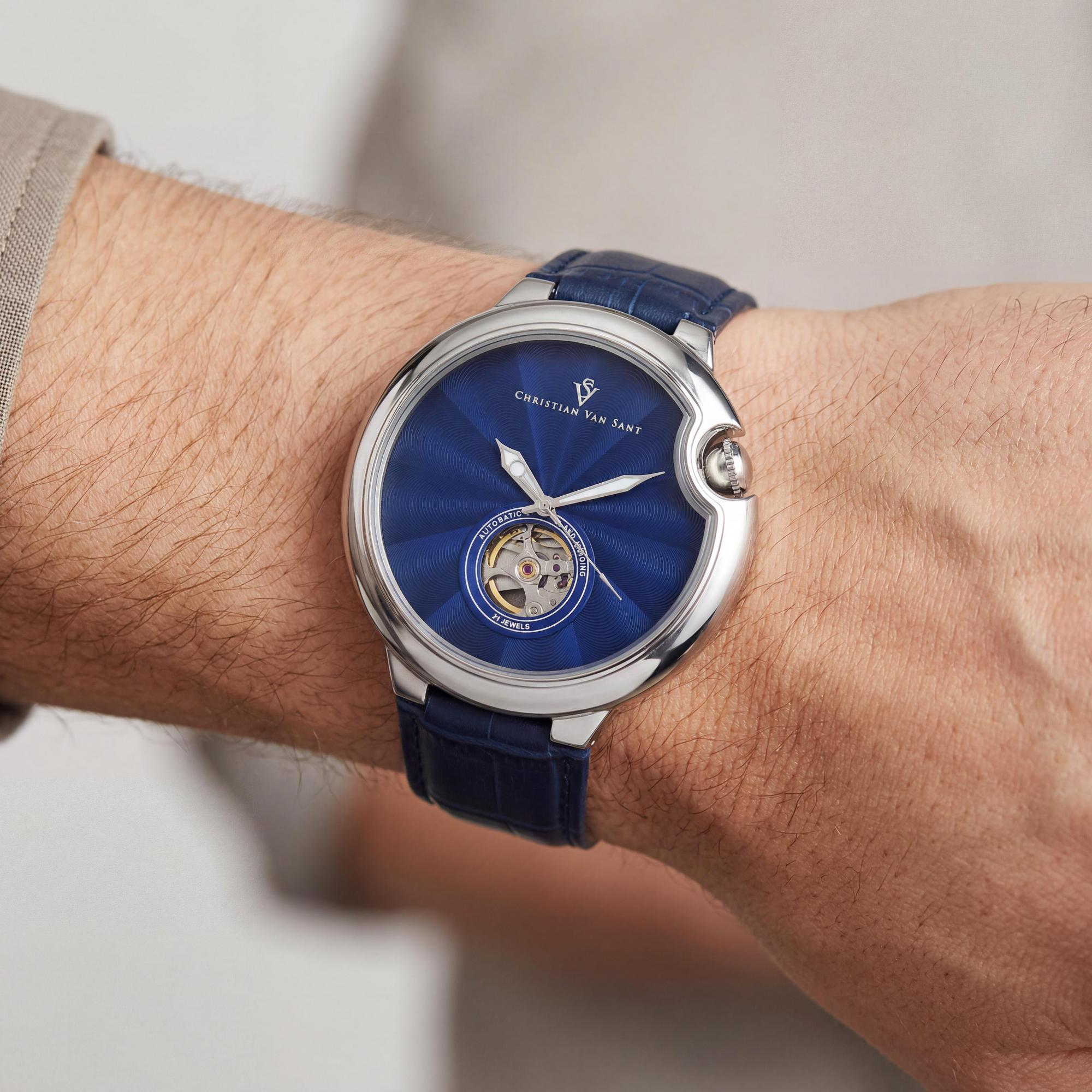 Christian Van Sant Cyclone Automatic Men's Blue Dial Stainless Steel Leather Strap 46mm Water Resistant 50m Watch, Photo 4