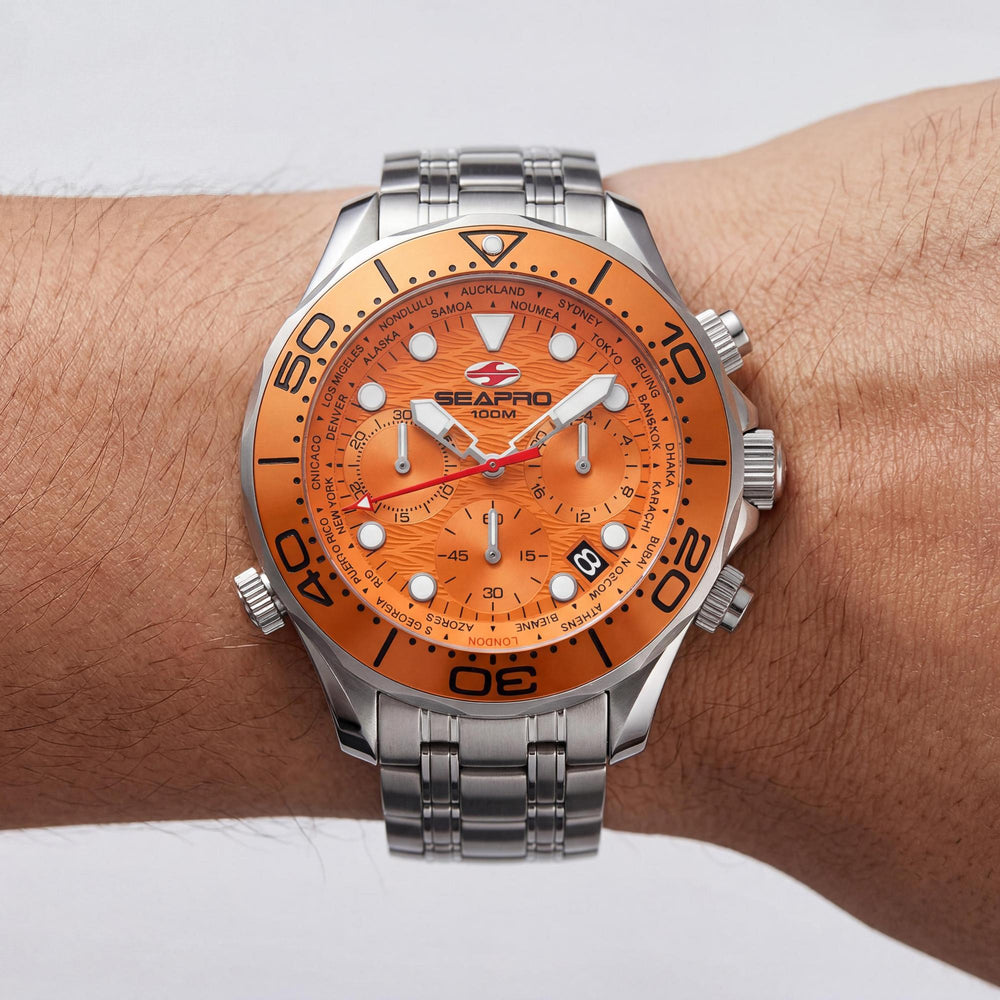 Reloj Seapro Modern para hombre con esfera naranja, caja y pulsera de acero inoxidable, movimiento de cuarzo, resistente al agua hasta 100 m.