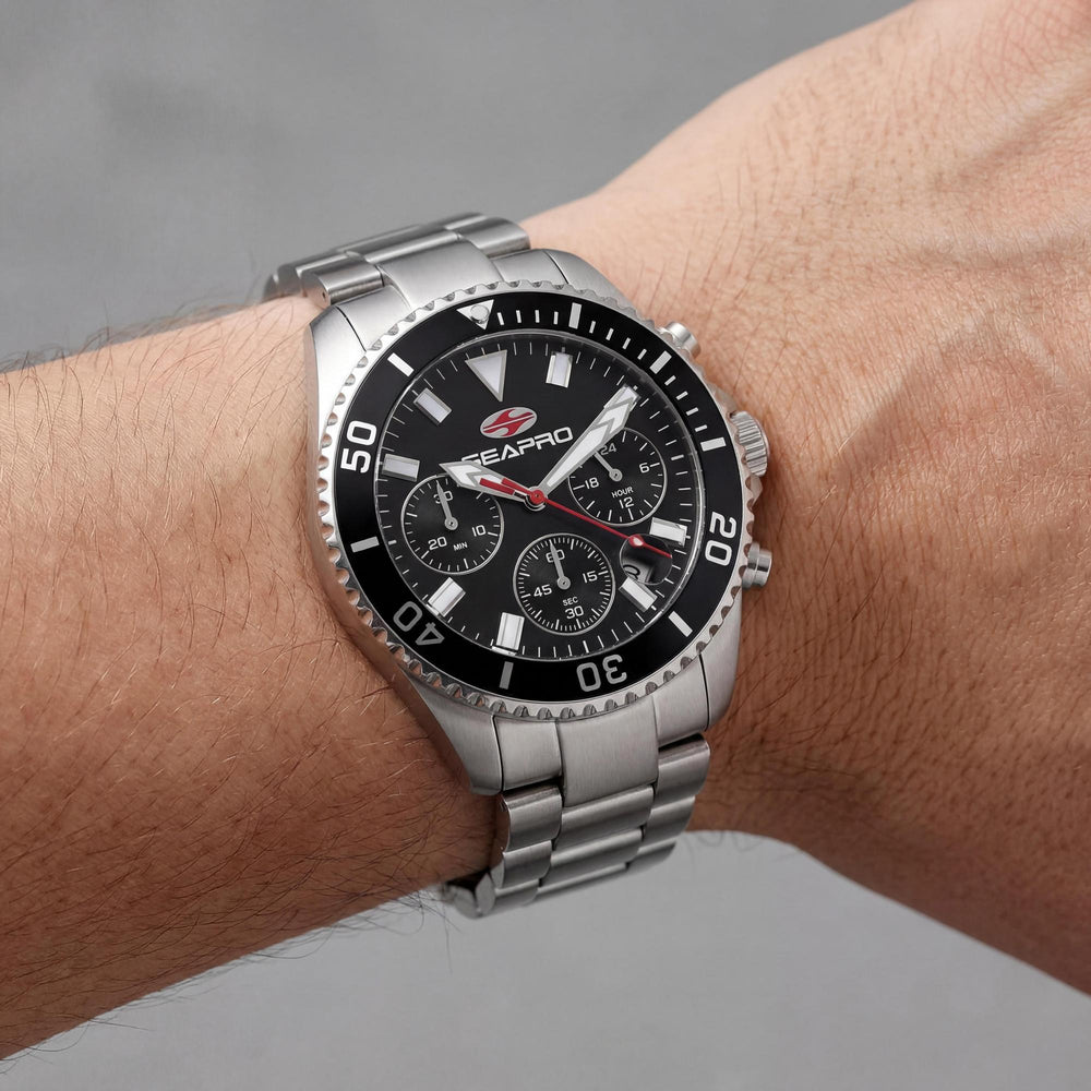 Reloj Seapro para hombre con movimiento de cuarzo, esfera negra, caja de acero inoxidable, brazalete de acero inoxidable, resistente al agua.