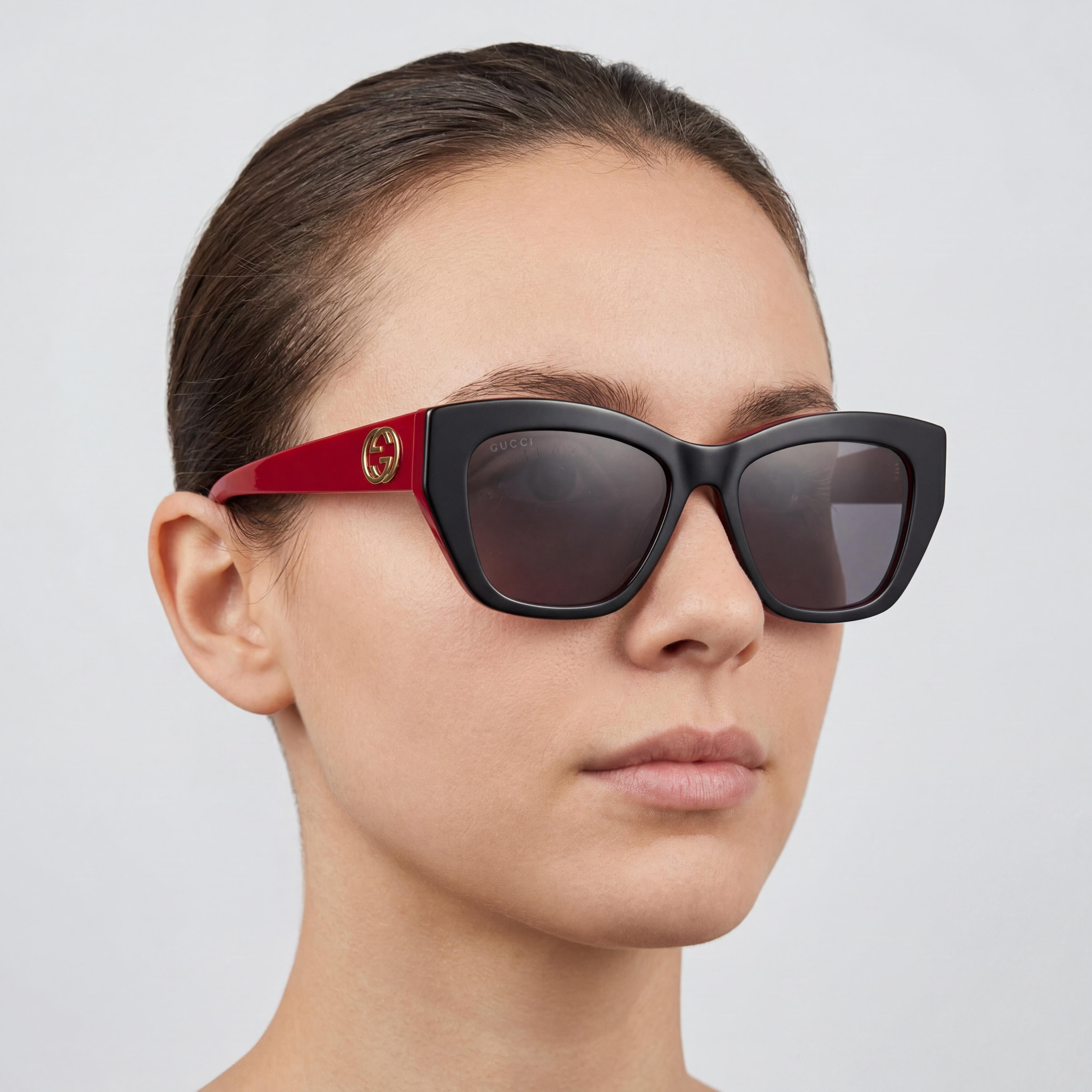 Gucci GG1844SA Unisex Full Rim Cat Eye Black, Grey & Red Recycled Acetate Frame Black Lens Sunglasses 55mm, Photo 5