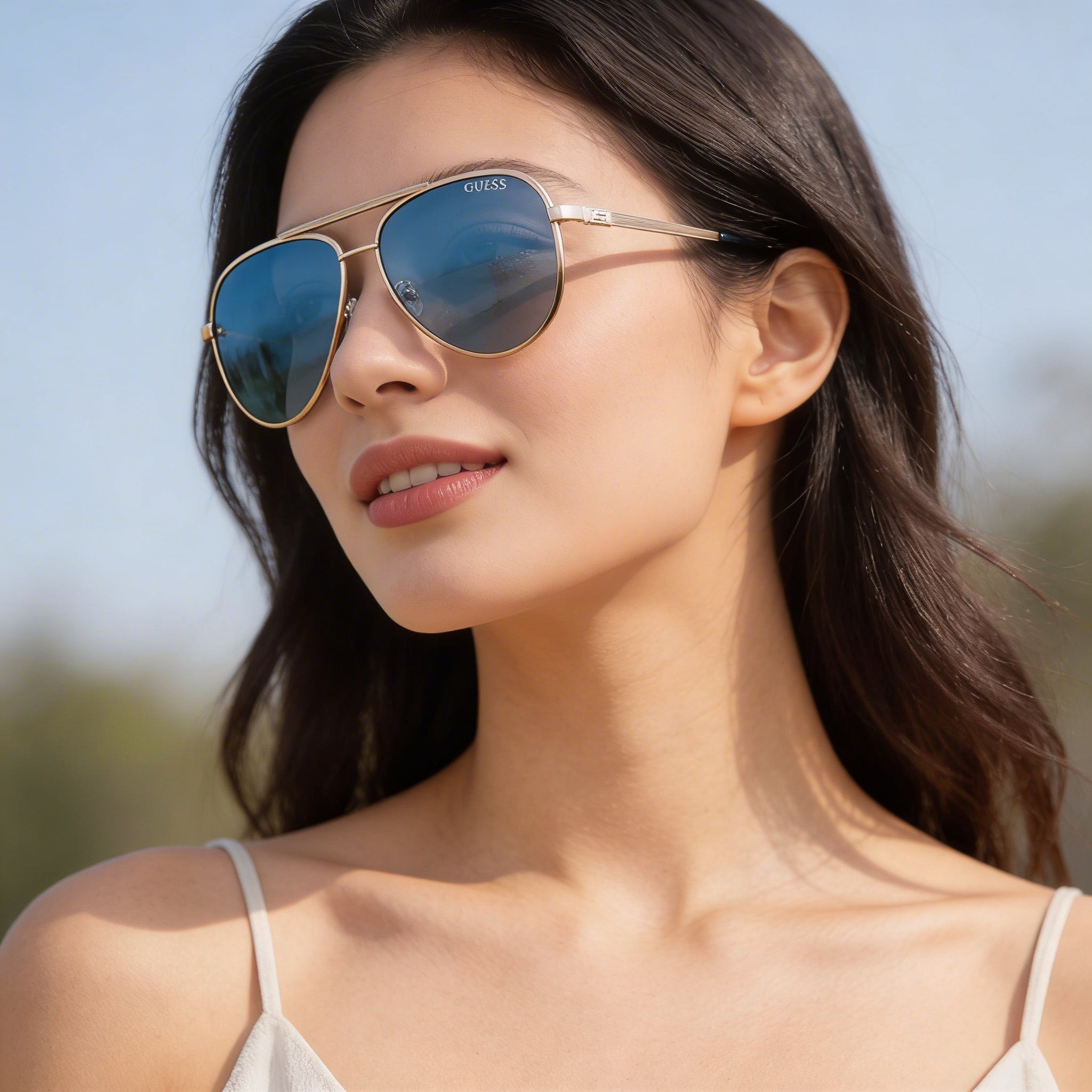 Gafas de sol Guess de aviador a rayas para mujer, montura dorada pálida, lentes azules, protección UV, 61 mm, Photo 6