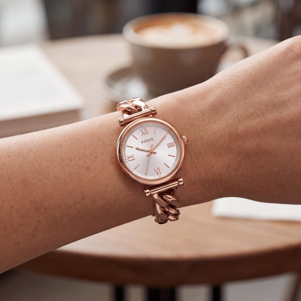 Fossil Carlie Mini Women's Rose Gold-Tone Stainless Steel Curb Chain Roman Numeral Glow In The Dark 28mm Watch, Photo 3