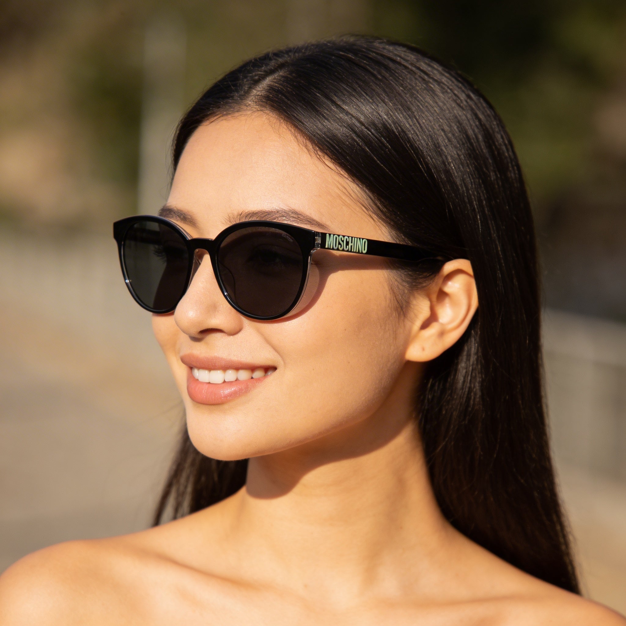 Gafas de sol Moschino Casual para mujer, de acetato negro con cristales, lentes grises y protección UV, 58 mm, Photo 5