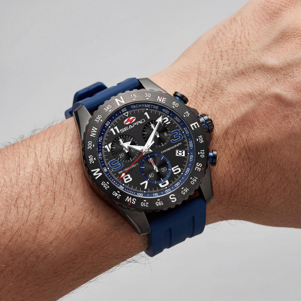 Reloj cronógrafo de cuarzo Seapro para hombre, caja de acero inoxidable negro, correa de caucho, resistente al agua hasta 100 m.