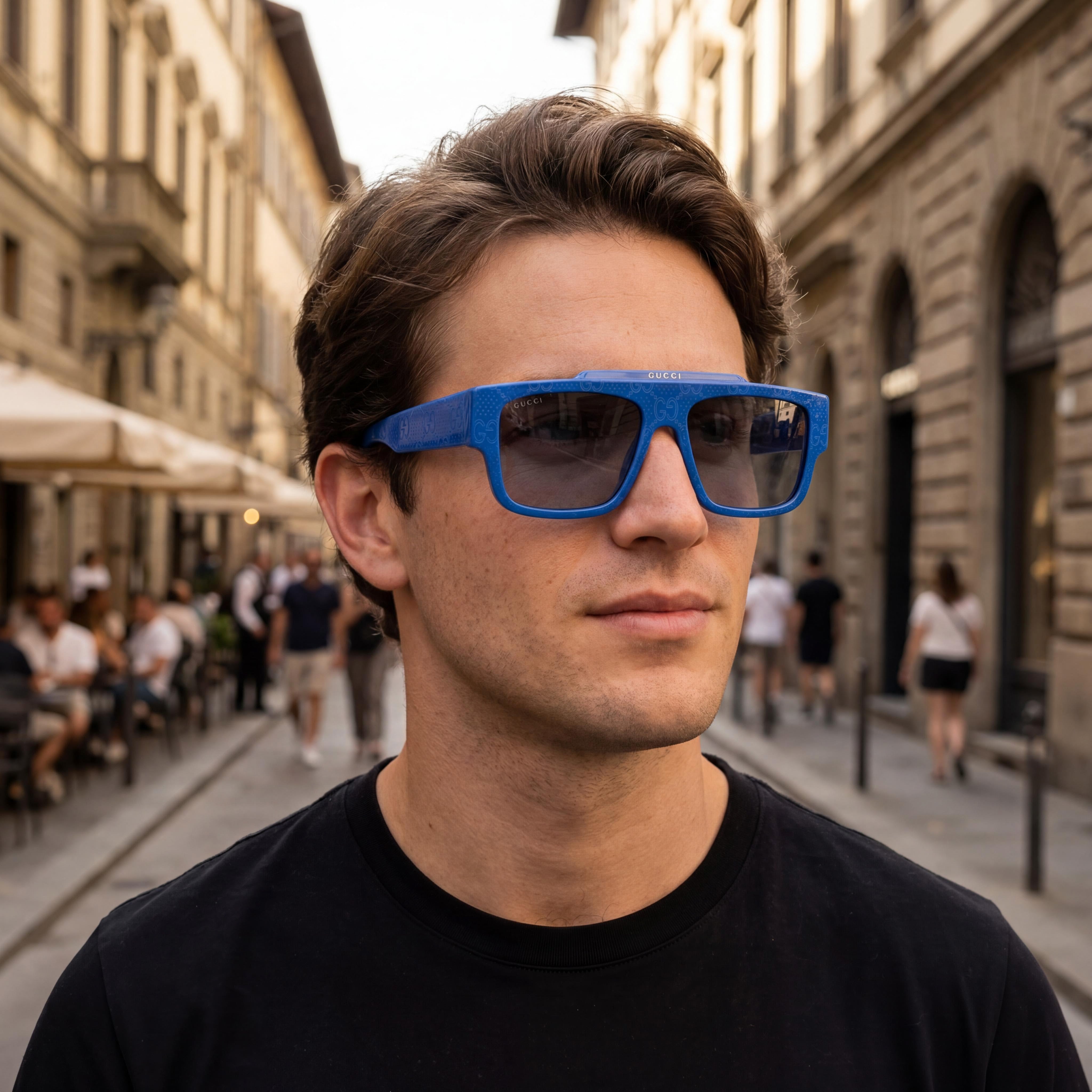 Gucci Men's Square/Rectangle Sunglasses with Blue Recycled Acetate Frame & Grey Blue Lenses 56mm, Photo 6