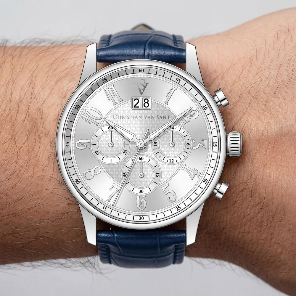 Reloj cronógrafo para hombre con correa de Christian Van Sant, con caja de acero inoxidable plateada y correa de cuero.