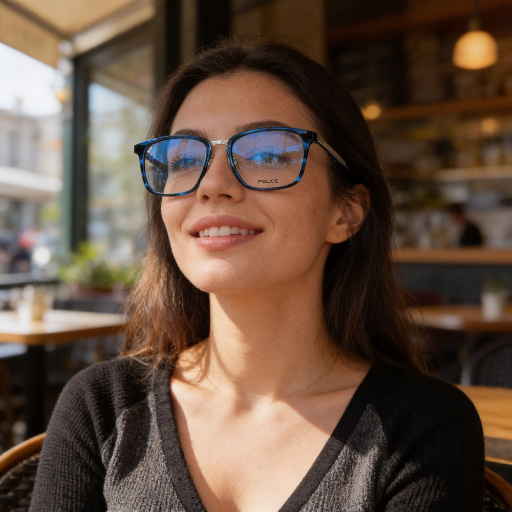 Gafas graduadas Police modernas unisex con montura de acetato y metal en azul mármol y plata 52-18-140