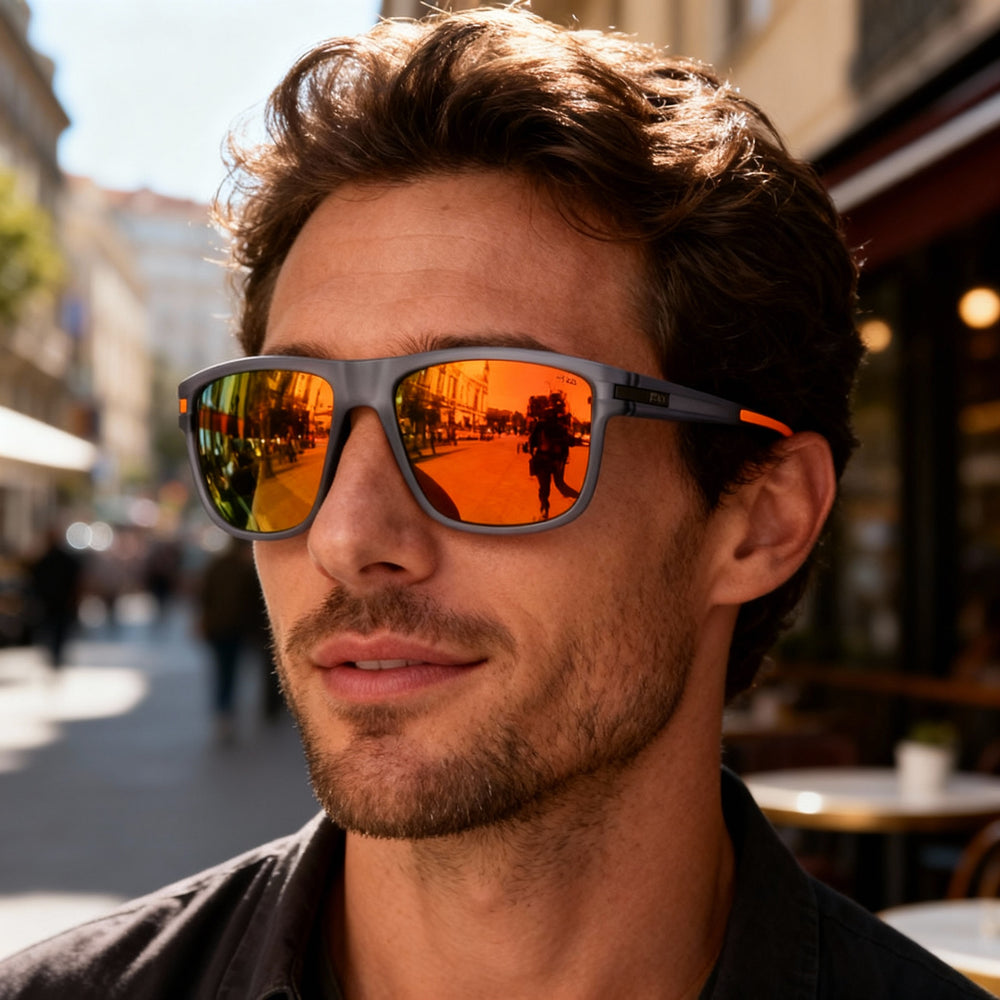 Gafas de sol polarizadas Fila SFI302 para hombre, moldeadas por inyección en gris transparente, multicapa verde naranja, 57-16-140