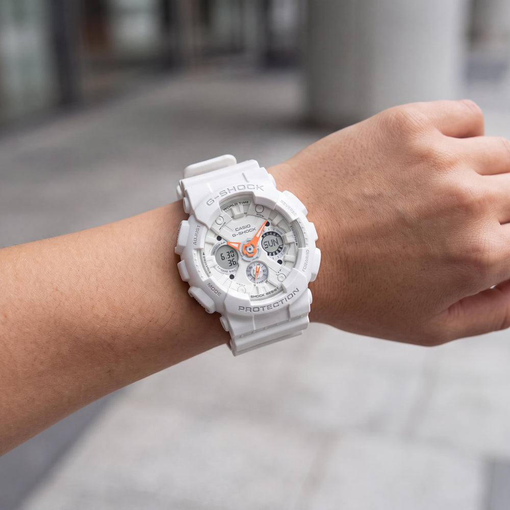 Casio S120 Women's White Orange World Time Shock Resistant 20 ATM Water Resistant Anti-Magnetic Watch