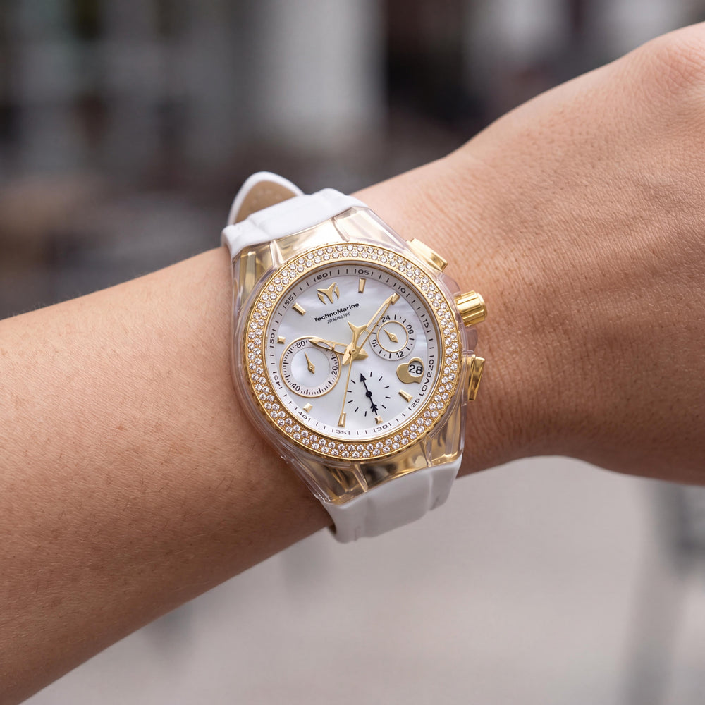 Reloj de mujer TechnoMarine Cruise TM-117046 de cuarzo, cronógrafo, bisel de cristal, de acero inoxidable blanco de 40 mm