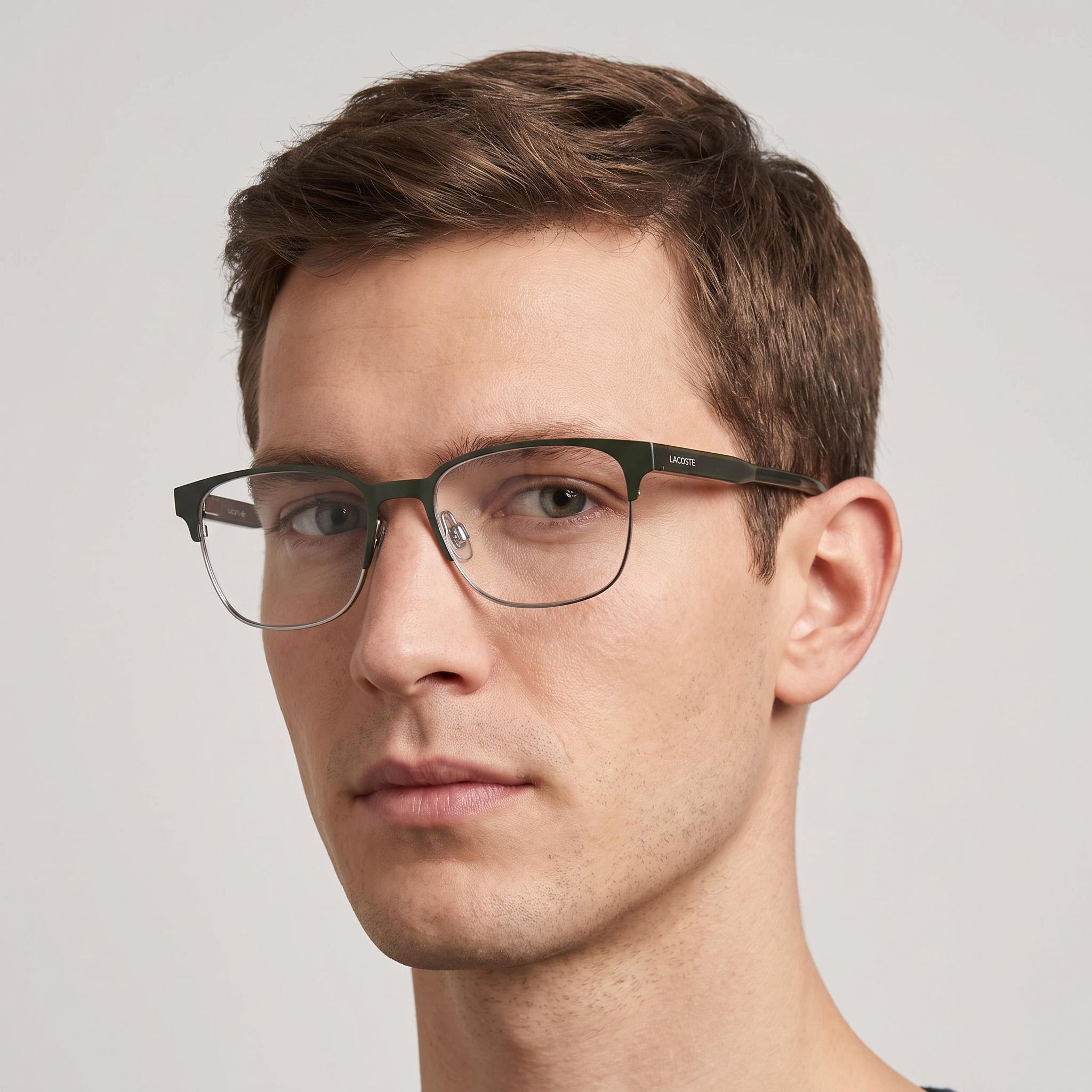 Gafas Lacoste casual para hombre, color caqui mate, con lentes de plástico transparente 53-18-145, Photo 5