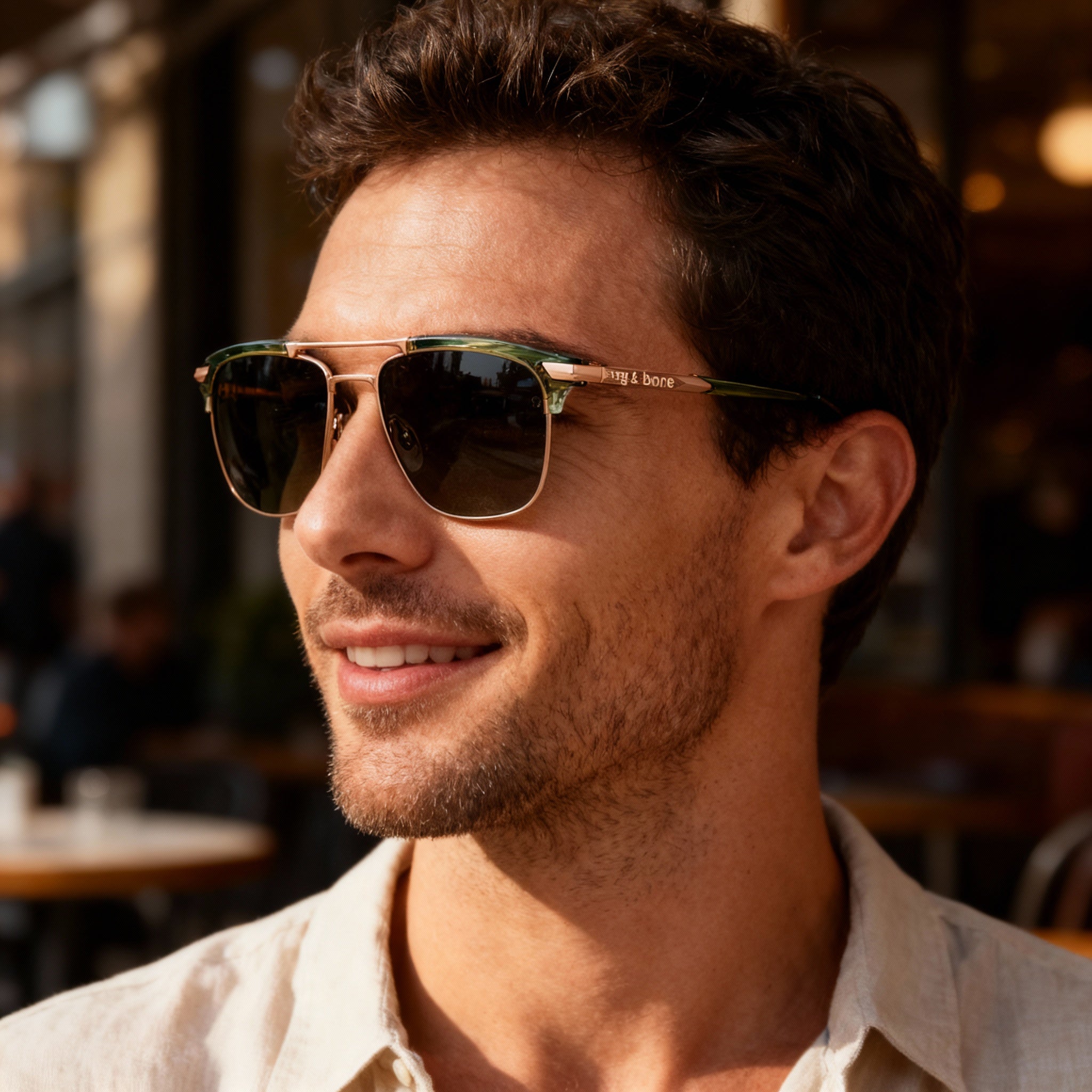 rag & bone Casual Men's Rectangular Stainless Steel Khaki Horn Non-Polarized Sunglasses 55-17-145, Photo 6