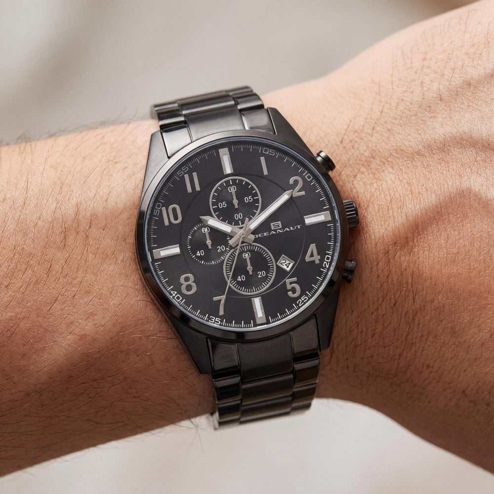 Reloj Oceanaut para hombre, con esfera negra, caja y pulsera de acero inoxidable, cronógrafo de cuarzo, resistente al agua hasta 100 m.