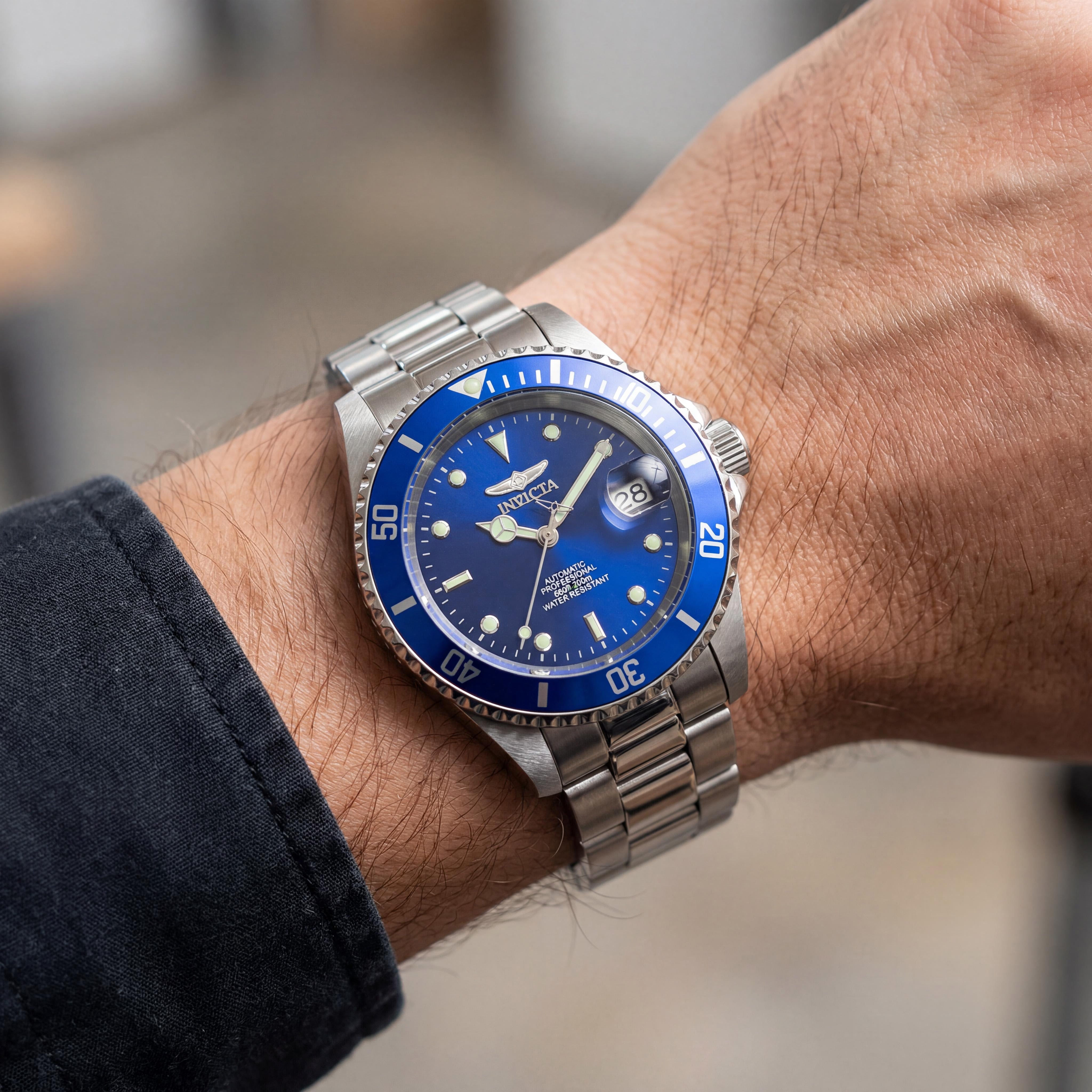 Invicta Men's Bracelet Automatic Watch, Silver Blue Stainless Steel, Blue Dial, Unidirectional Bezel, 200M Water Resistant, Photo 3