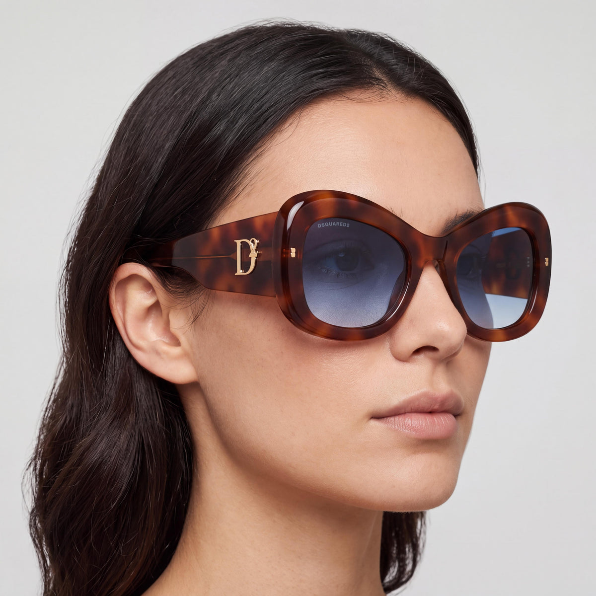 DSQUARED2 Modern Women's Butterfly Sunglasses, Beige Havana Acetate Frame, Dark Blue Shaded Lenses, 54mm, Photo 3