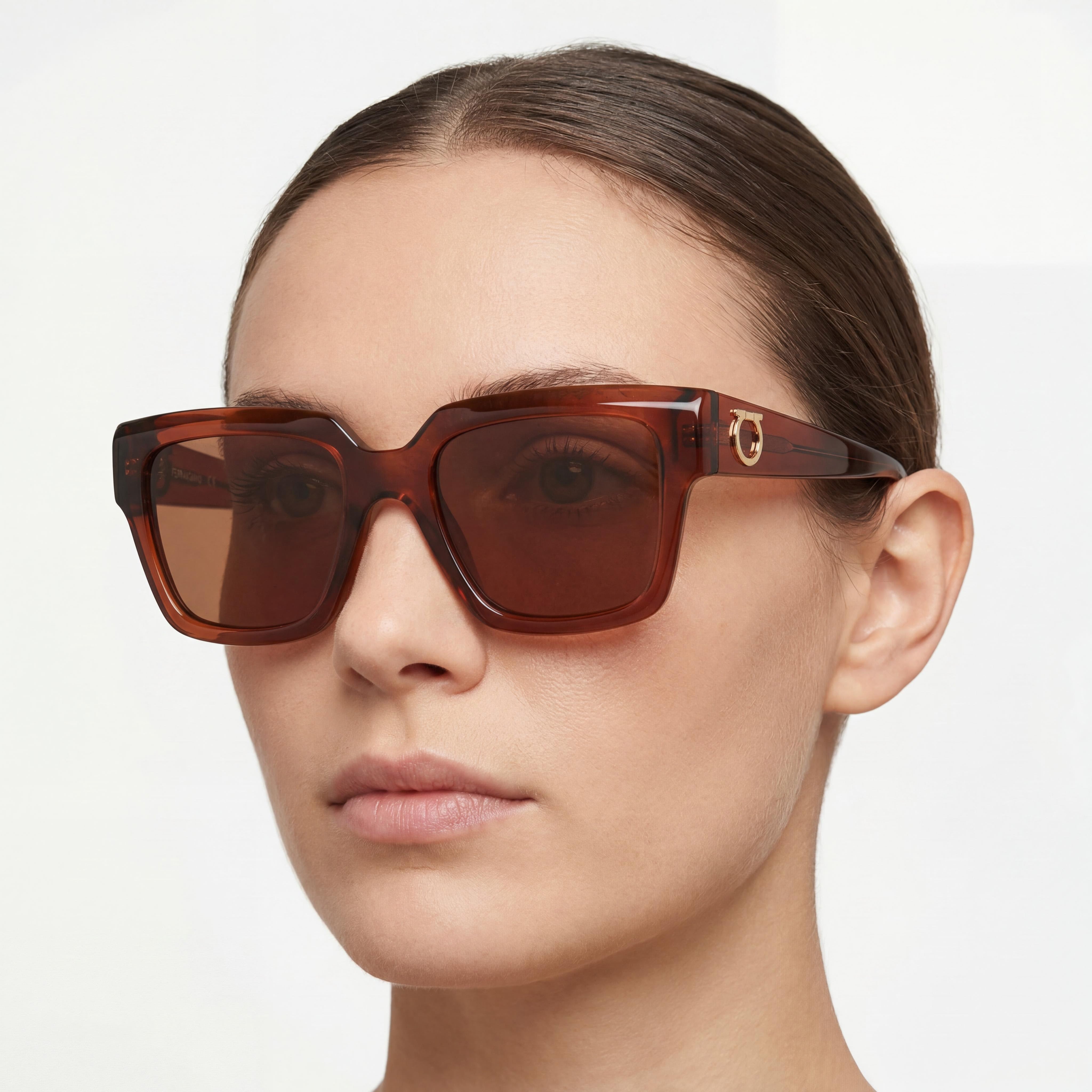 Gafas de sol de plástico transparente marrón para mujer Ferragamo Sf2014s, lentes de acetato marrón,, Photo 5