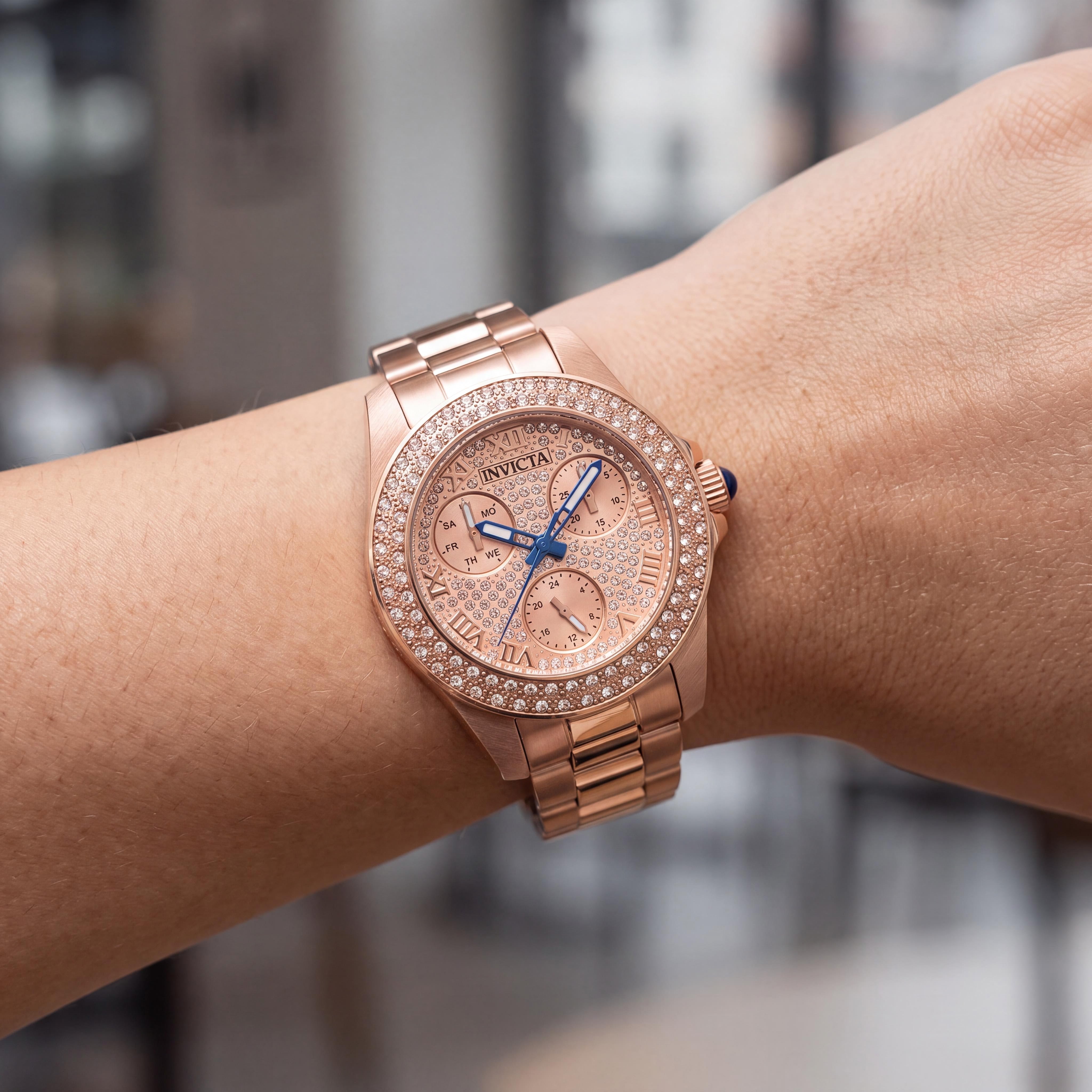 Reloj Invicta Angel de cuarzo para mujer, resistente al agua, multifunción, con cristales luminosos, brazalete de acero inoxidable de oro rosa de 34 mm, Photo 4
