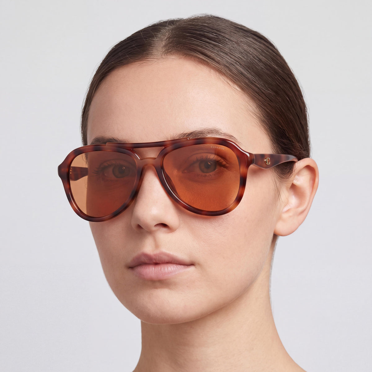 Coach Hc8406u Women's Aviator Sunglasses, Caramel Tortoise Plastic Frame, Brown Solid Lenses, 100% UV Protection, 55mm, Photo 3